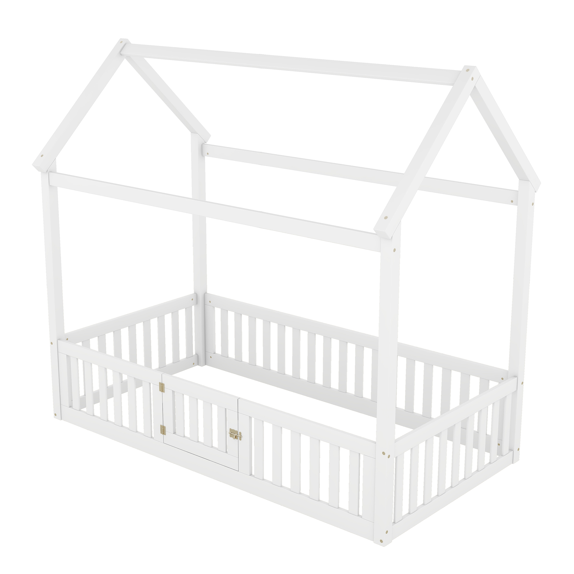 Twin/Full Size Wood House Bed with Fence and Door, Gray/White