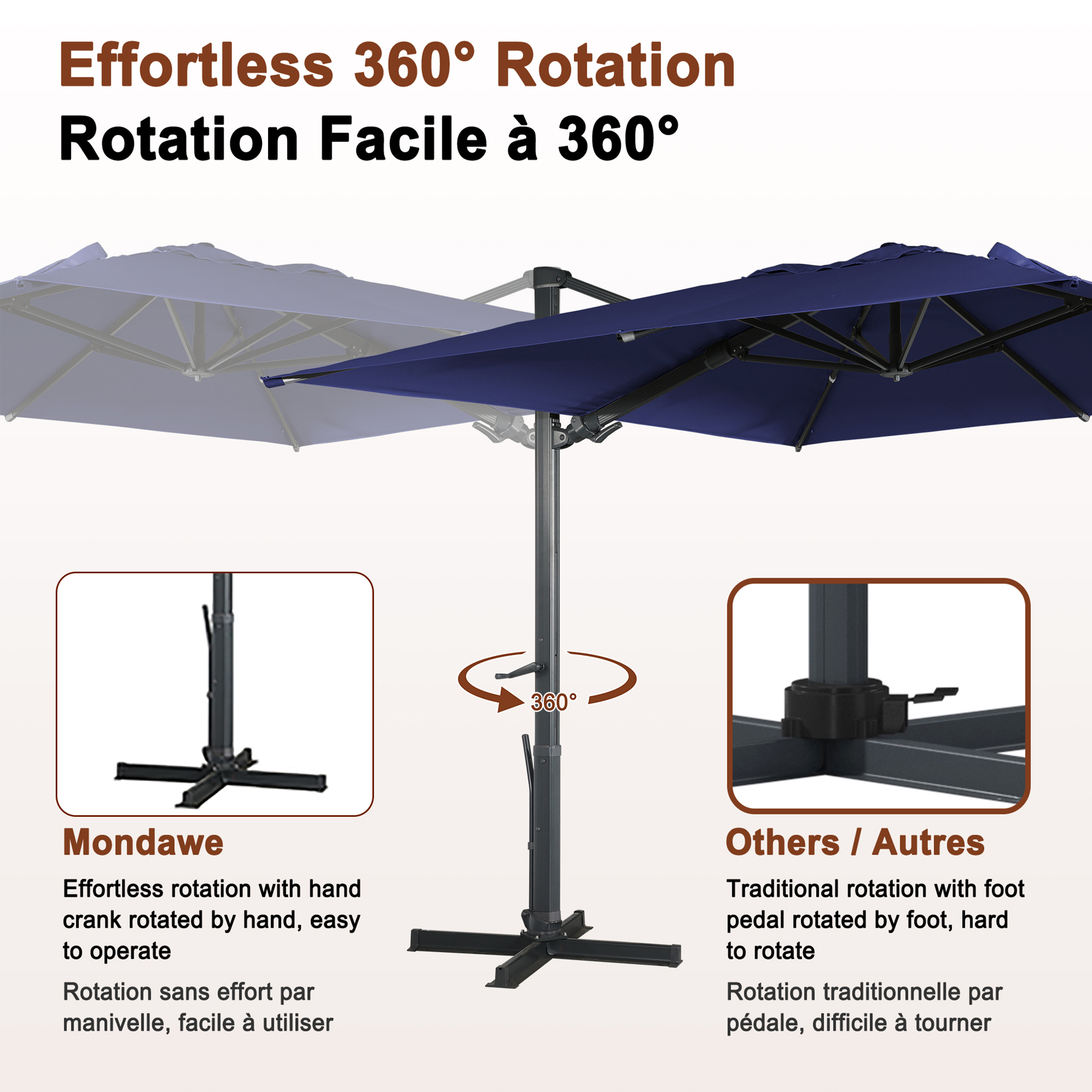 Square Aluminum Cantilever Patio Umbrella with 90° Tilt, LED & Bluetooth Mood Light, and Base Included