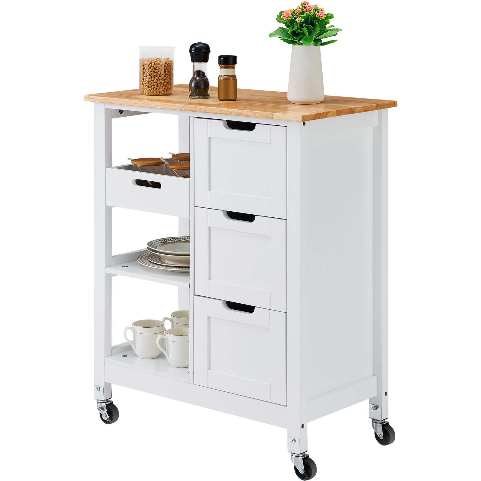 Rolling Portable Small Kitchen Island Cart on Wheels with Solid Wood Top, Dining Room Serving Utility Carts Mobile Movable with 3 Drawers and Storage Shelves Cabinet, White 
