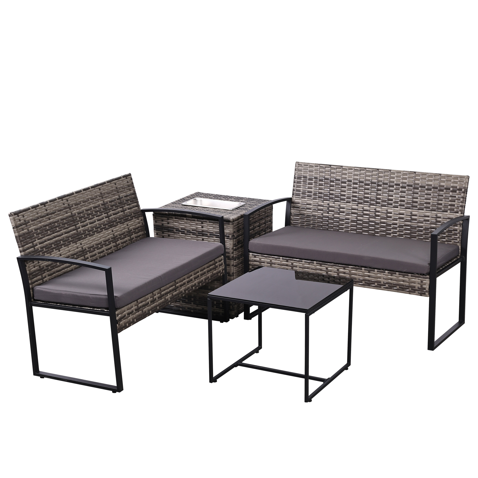 4-Piece Outdoor Patio Set with Ice Bucket Table – PE Rattan Double Chairs & Coffee Table Conversation Set with Storage, Waterproof Cushions, 5 Color Options