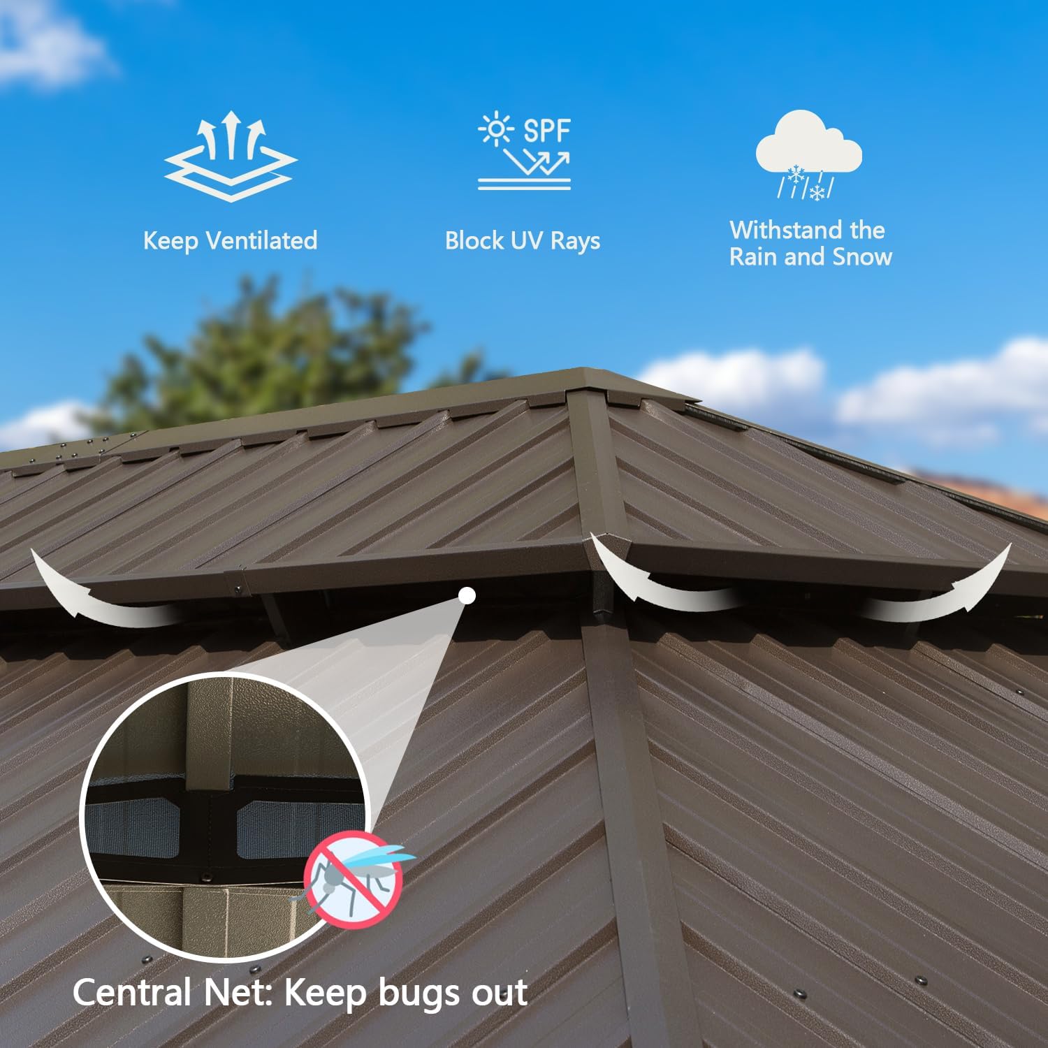 14x22FT Hardtop Gazebo, Outdoor Gazebo with Galvanized Steel Double Roof, Aluminum Frame, Built-in Gutter System, Curtain and Netting, Metal Gazebo Pavilion for Patio Deck Garden, Brown/Grey/Wood-Looking