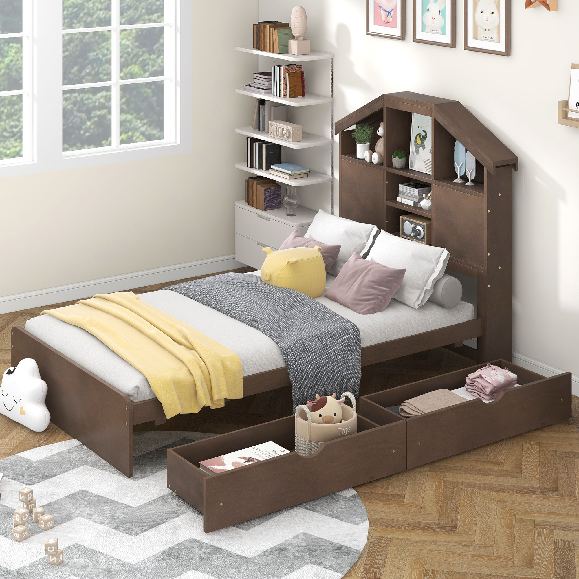Twin Size Wood Platform Bed with House-shaped Storage Headboard and 2 Drawers, Walnut/Gray
