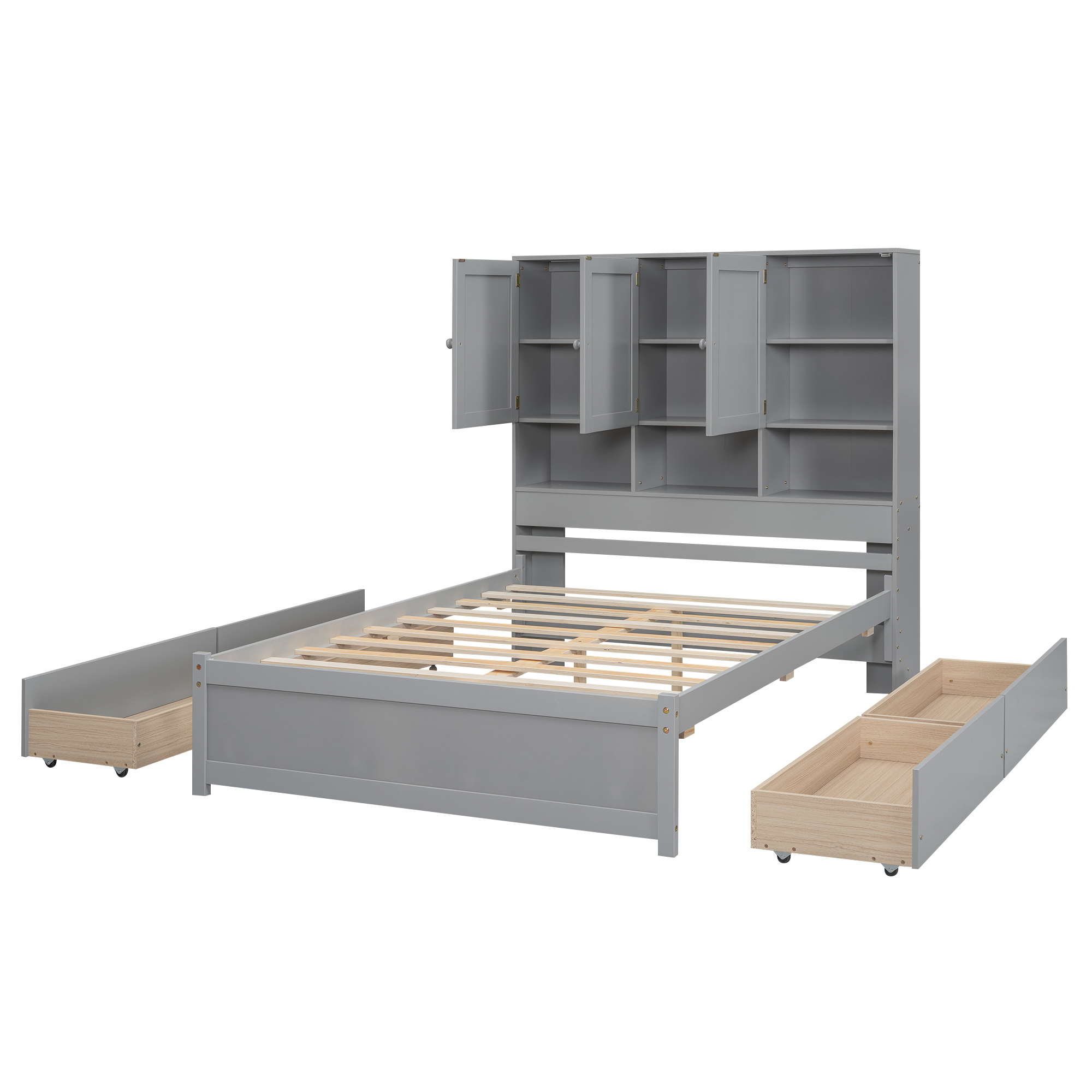 Full/Queen Size Platform Bed with Storage Headboard and 4 Drawers, Gray/White