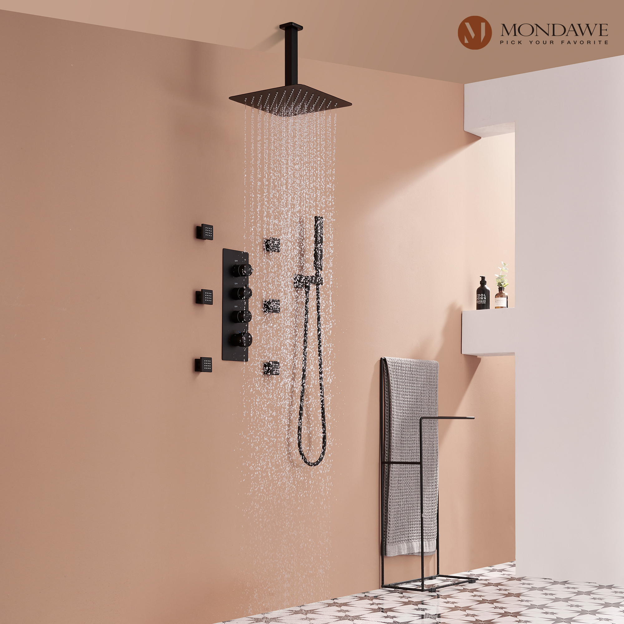 Mondawe Ceiling Mount Thermostatic Rainfall Shower System Set with Hand Held Shower Head and 6 Body Jets-Mondawe