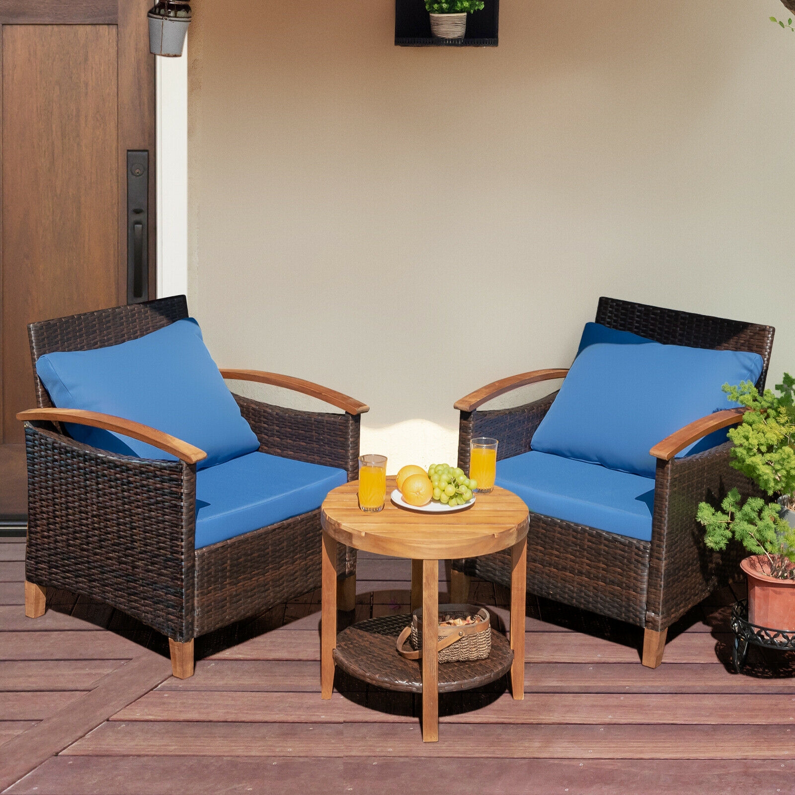 Mondawe 3 PCS Solid Wood Frame Patio Rattan Furniture Set-Mondawe