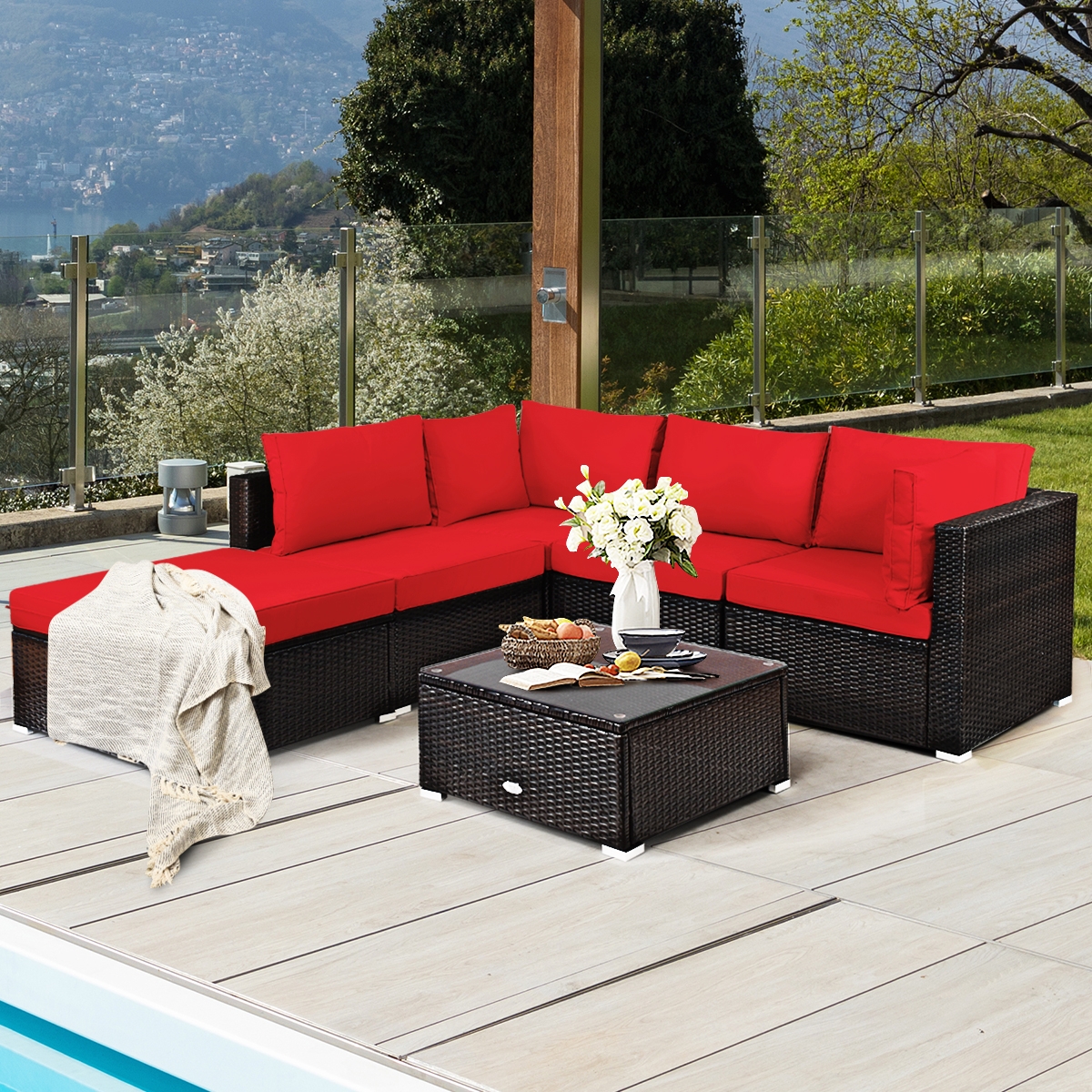 Mondawe 6 Pieces Outdoor Patio Rattan Furniture Set Sofa Ottoman-Red-Mondawe