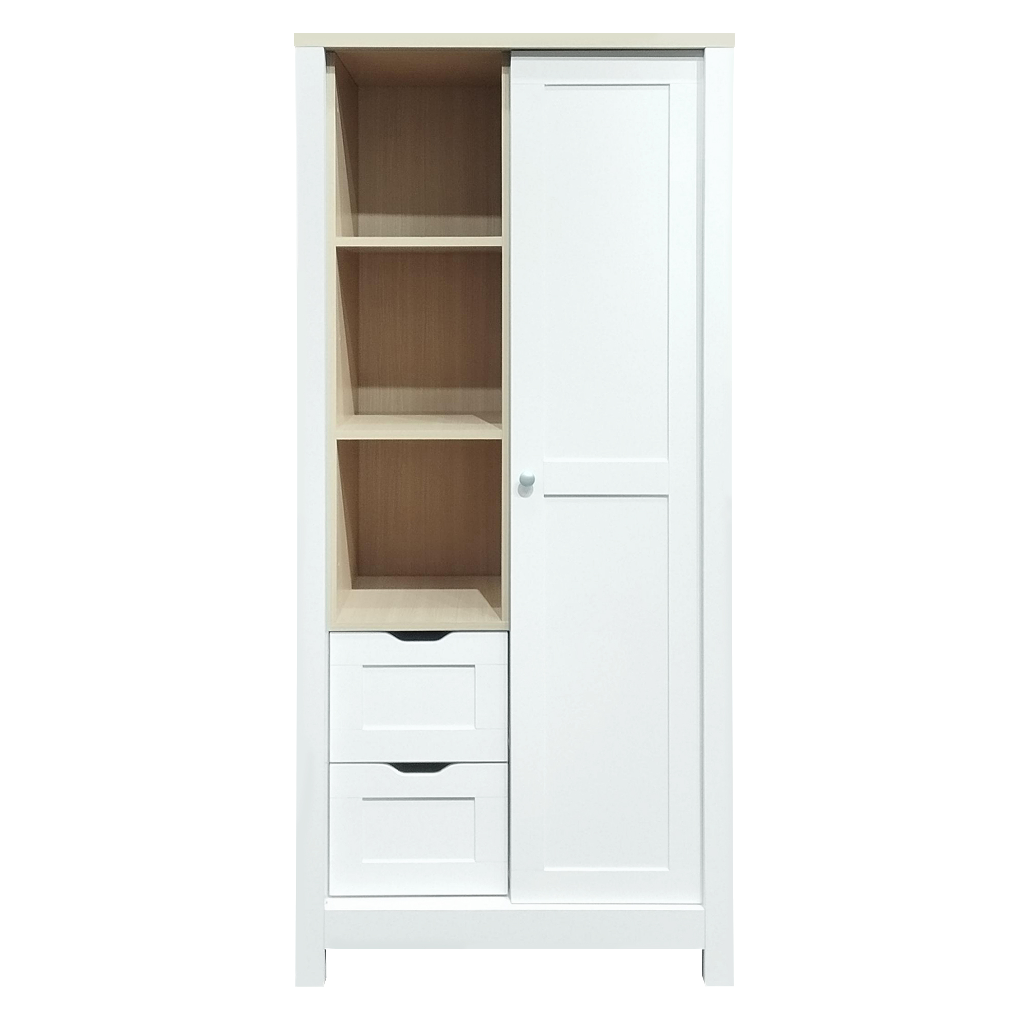 Bedroom Storage Wardrobe with Hanging Rods and 2 Drawers and Open Shelves,Sliding Door,White 