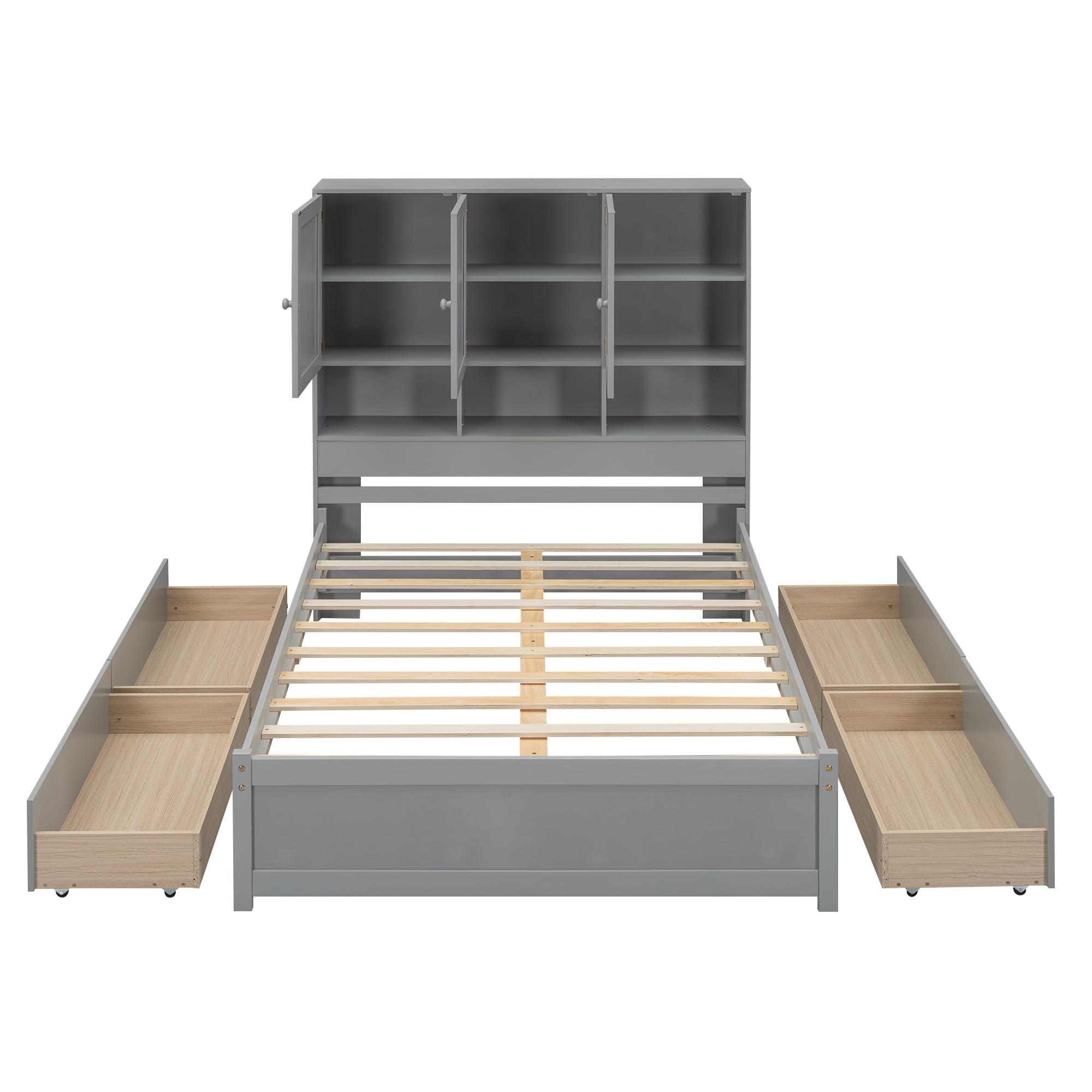 Full/Queen Size Platform Bed with Storage Headboard and 4 Drawers, Gray/White