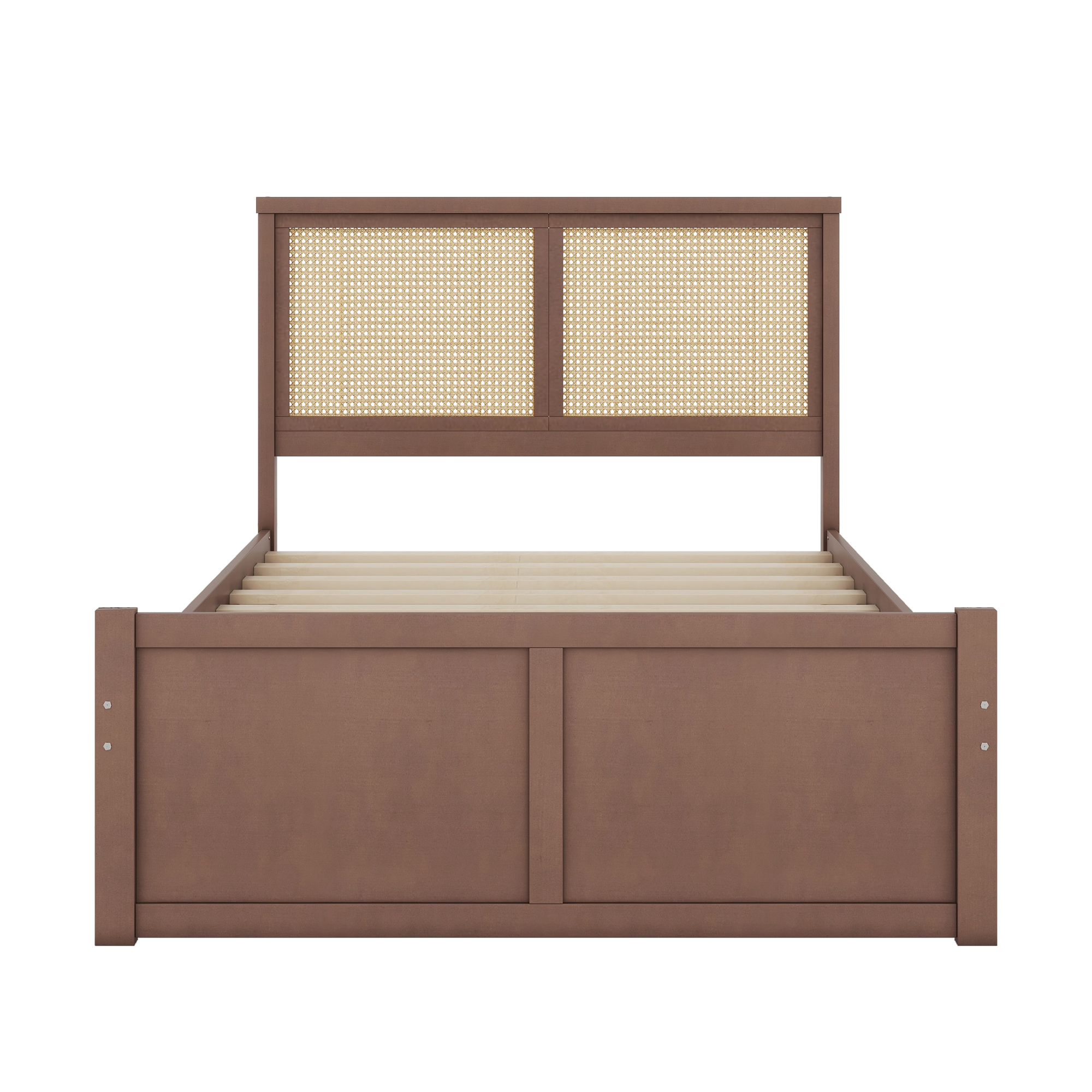 Queen/Full Size Wood Storage Platform Bed with 4 Drawers, Rattan Headboard, Espresso/Nature 