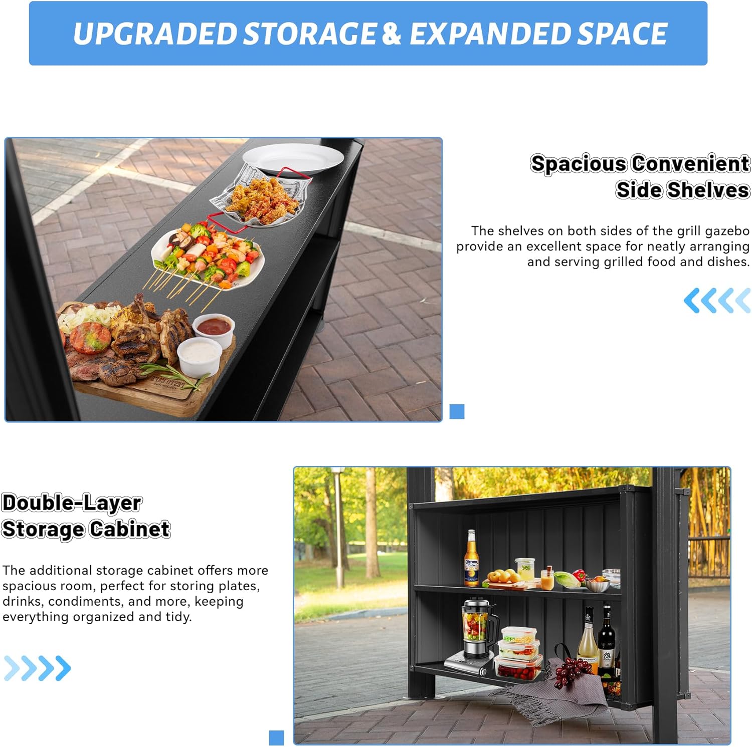 Hardtop Grill Gazebo, Outdoor BBQ Gazebo with 2 Side Shelves and Sloping Galvanized Steel Roof, Metal Permanent Grill Canopy with Ceiling Hooks for Patio, Lawn, Backyard, Deck