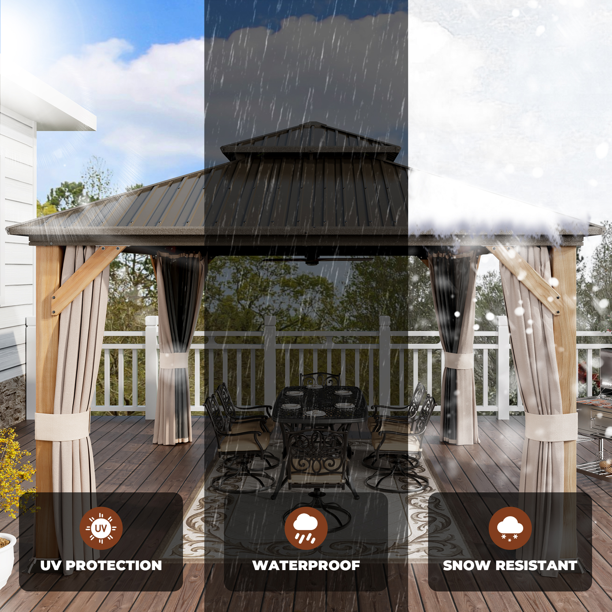 Cedar Frame Hard Top Gazebo with Galvanized Steel Double Roof, Curtain and Net, Outdoor Wooden Gazebo Pergola for Patio Lawn Backyard