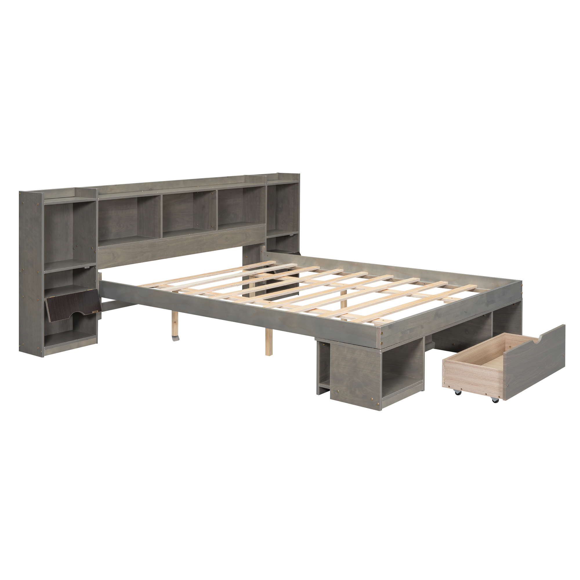 Queen Size Wood Platform Bed with Multi-storage Headboard and a Drawer, White/Gray