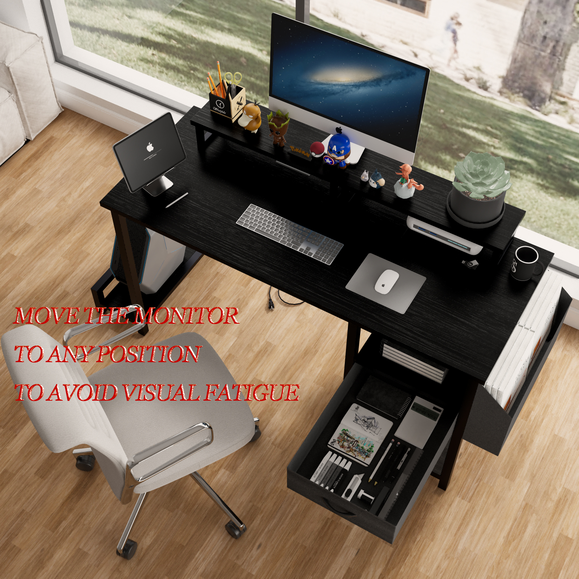 47.3" Computer Desk with power outlet,Monitor Stands,Shelves, Office Desk/Writing Table/Gaming desk With drawers,Large Side Pocket and Hooks,Easy to Assemble,Frame stability Reversible,Black