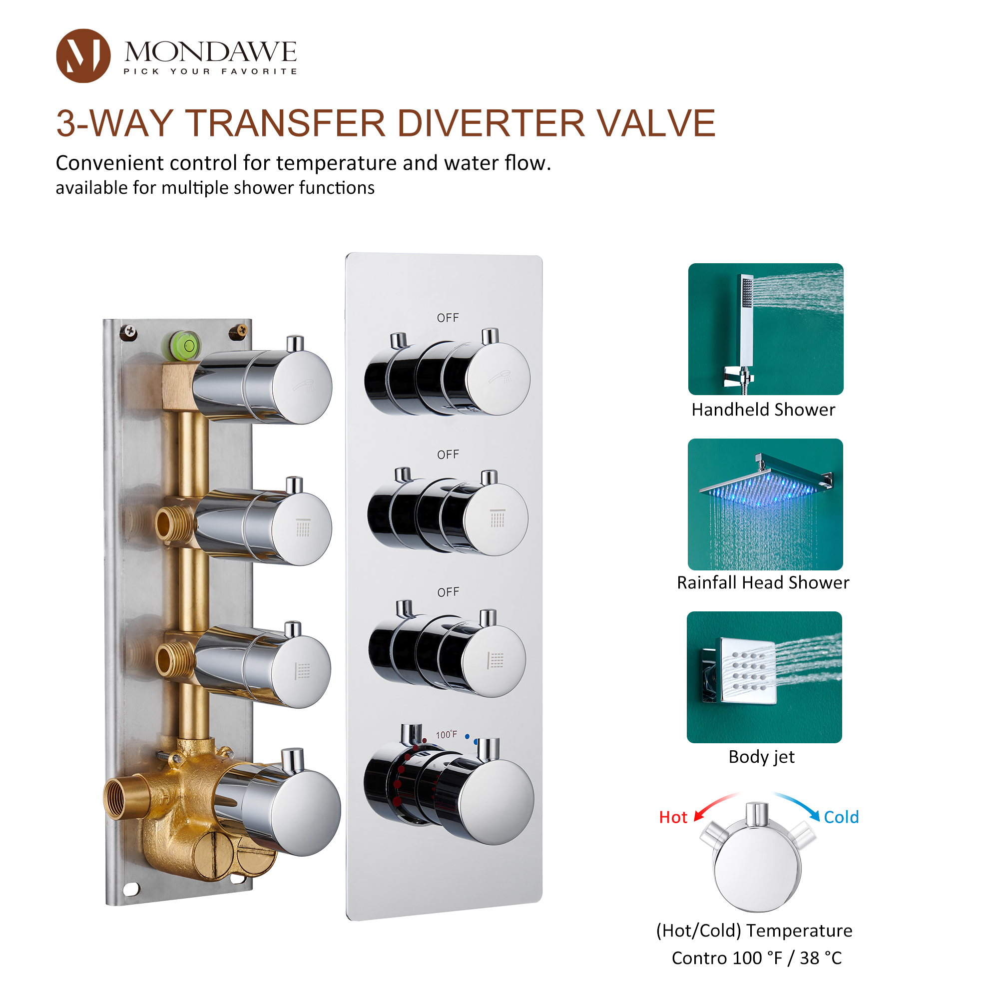 Mondawe Luxury Wall Mount Rain Shower Head with 6 Shower Jet and LED 3-Spray Patterns Thermostatic 12 in. -Mondawe