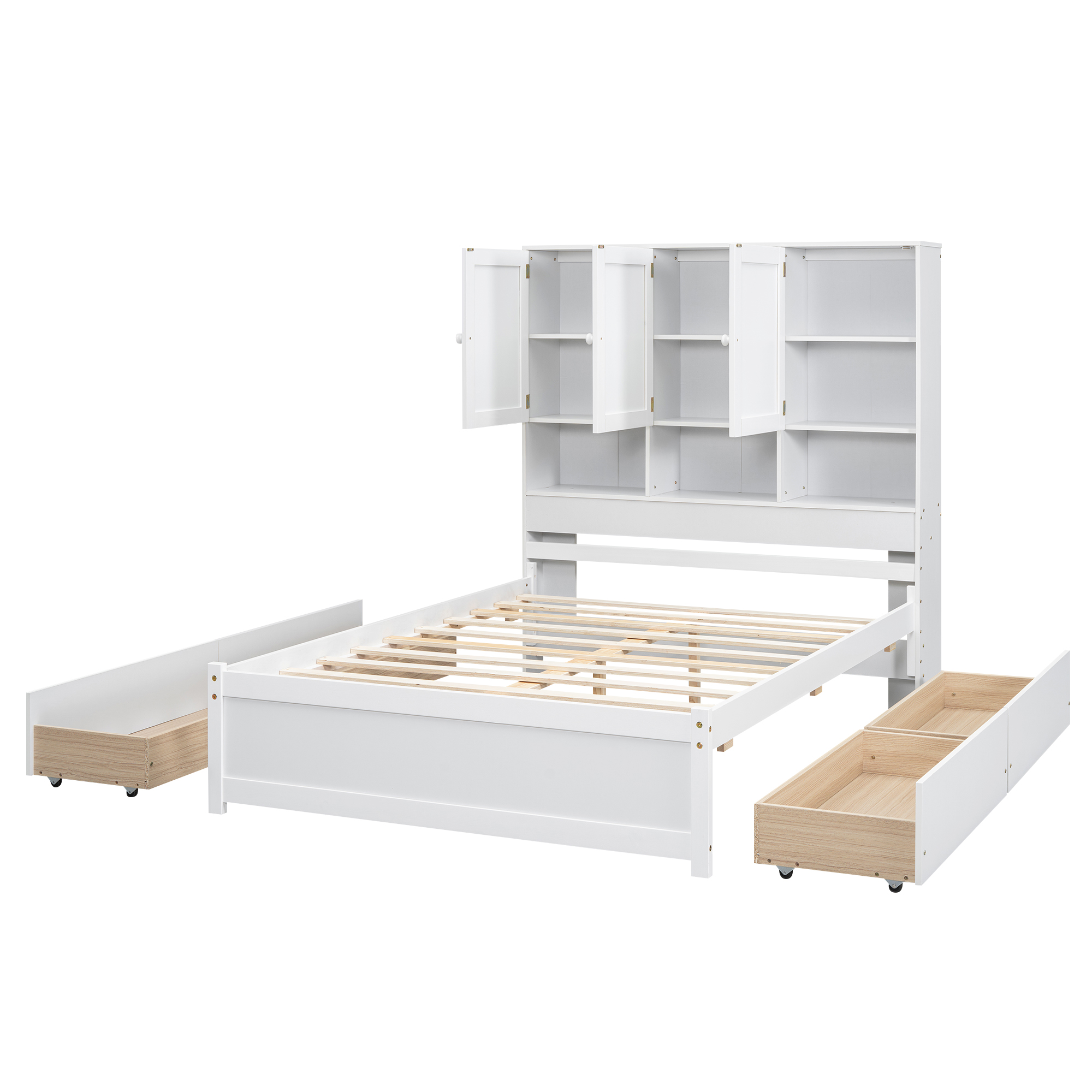 Full/Queen Size Platform Bed with Storage Headboard and 4 Drawers, Gray/White
