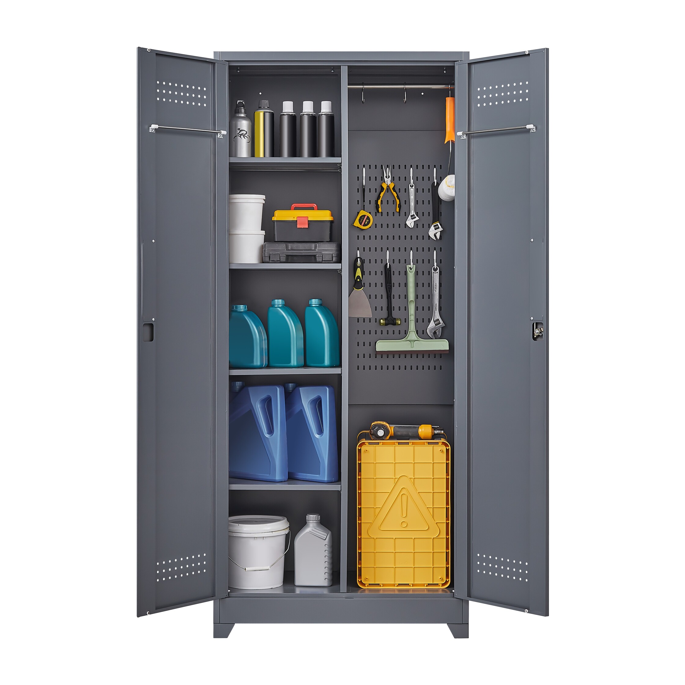 Metal Storage Cabinets, Cleaning Tool Cabinet with Locking Door, Tall Broom Tool Organizer and Storage, Large Storage Cabinet for Kitchen, Pantry, Office, Shop 