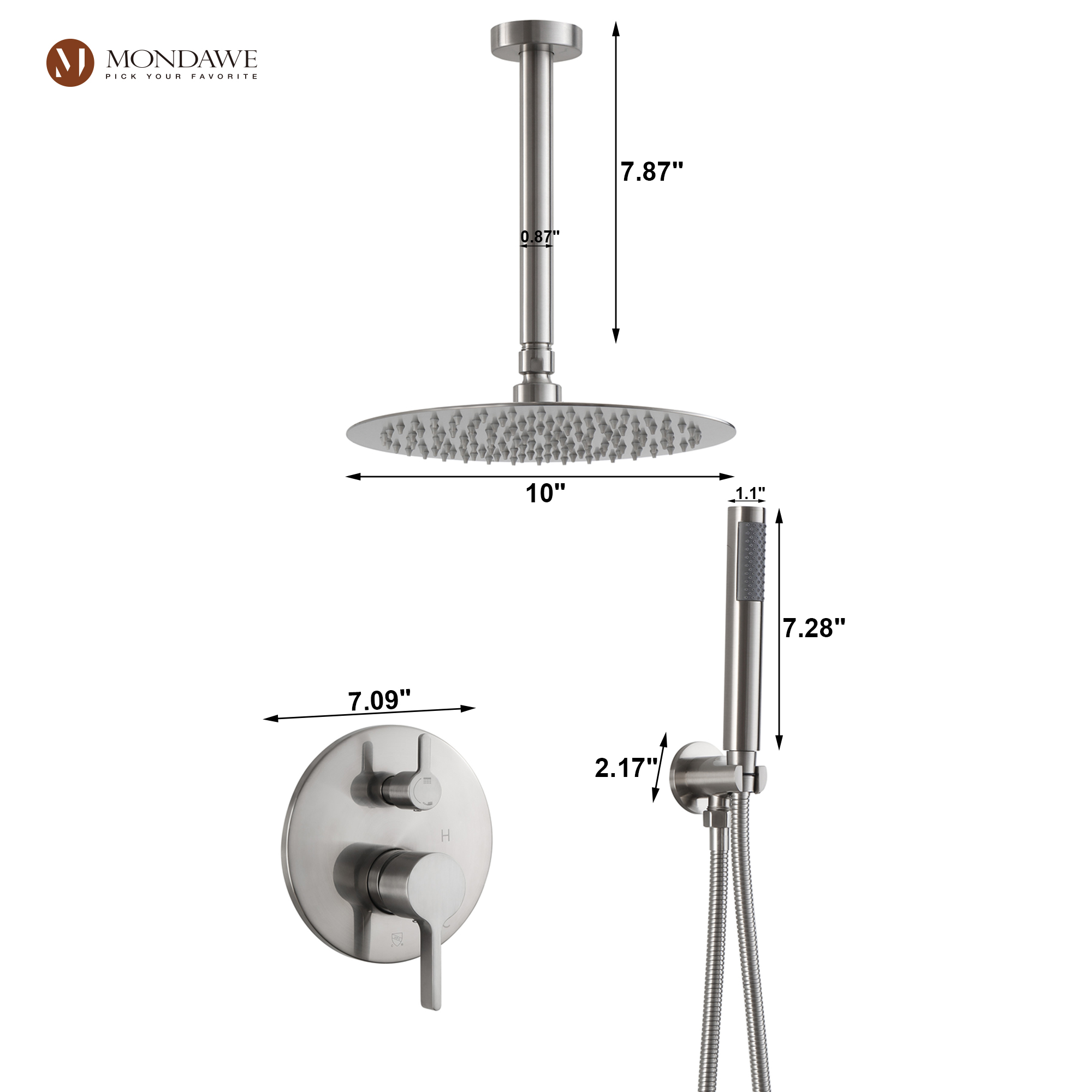 Mondawe 10 Inch Round Bathroom Shower Set in Nickel/Chrome/Black/Gold/Gun Black-Mondawe