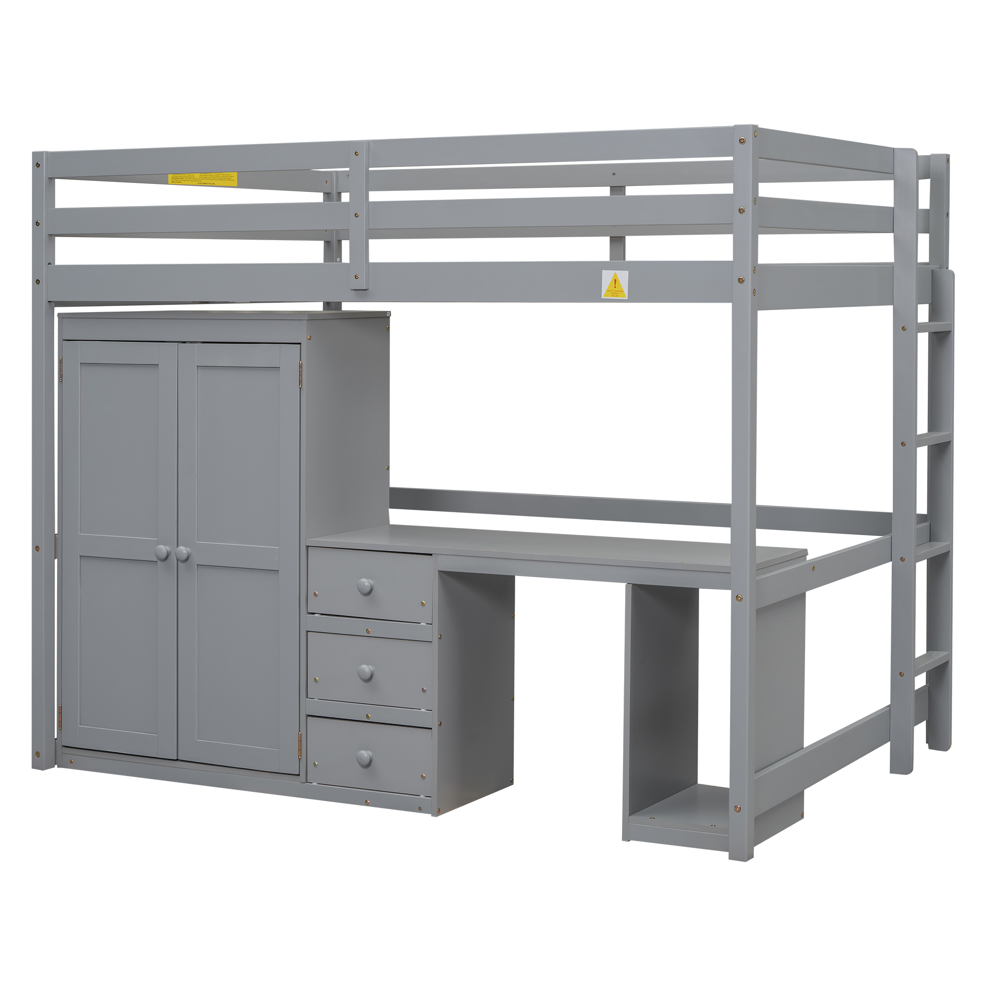 Full/Twin Size Loft Bed with Wardrobe, Desk and Storage Drawers, Gray/White