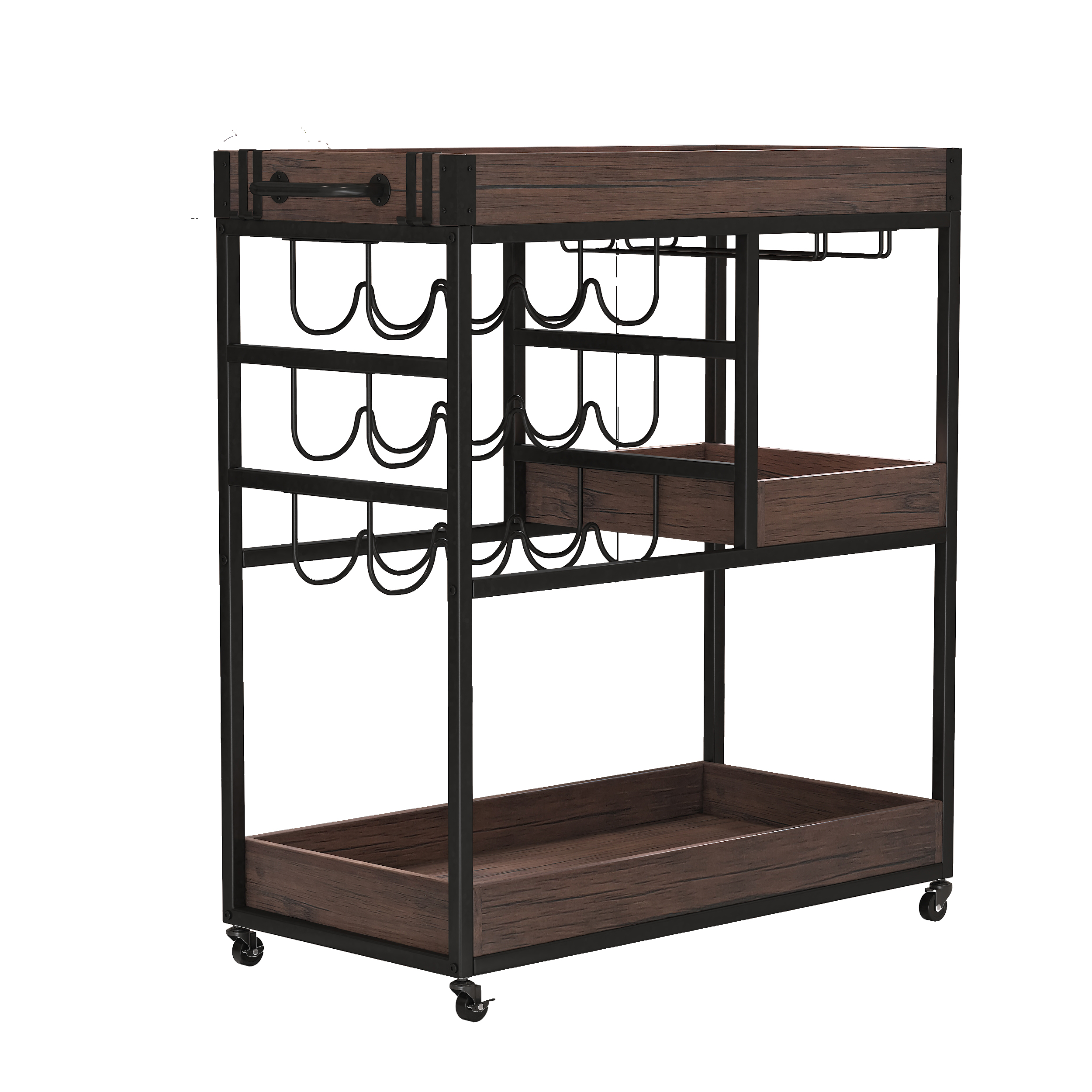 3 Tier Industrial Rolling Serving Cart with Lockable Wheels, Wine Rack Cart with Glass Holder for Indoor and Outdoor, Beverage Trolley cart with 2 Removable Tray, 