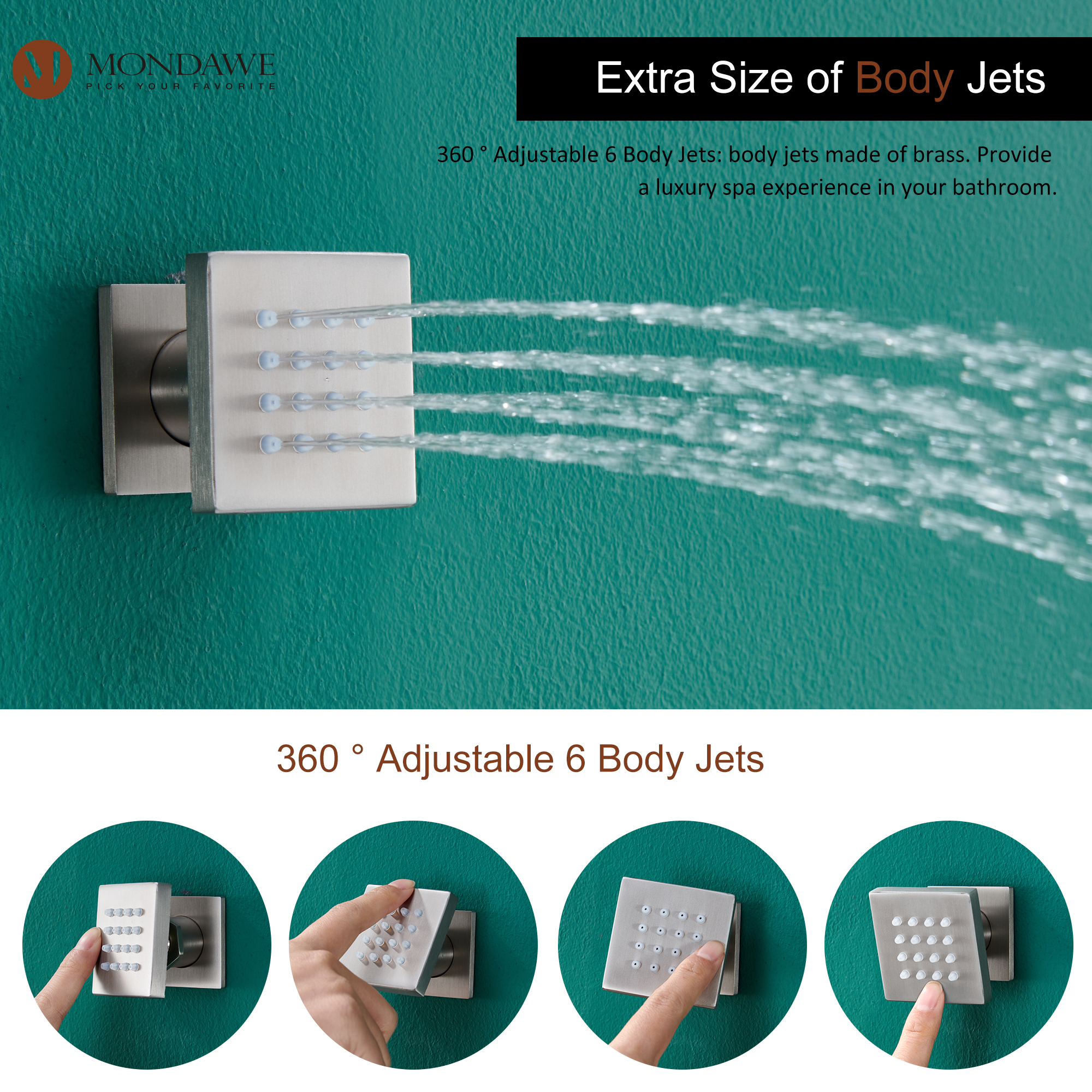 Mondawe Luxury Wall Mount Rain Shower Head with 6 Shower Jet and LED 3-Spray Patterns Thermostatic 12 in. -Mondawe