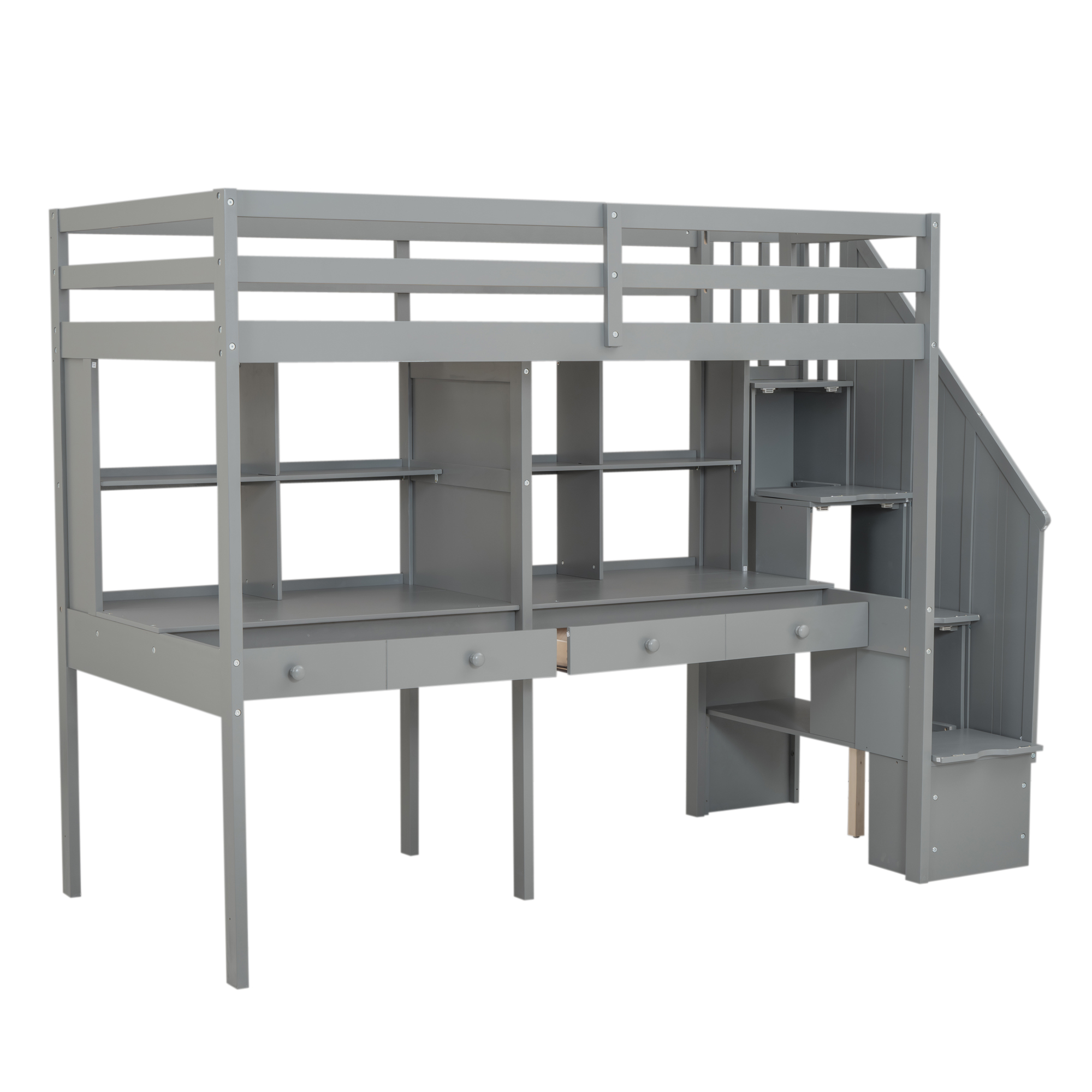 Twin Size Loft Bed Frame with Storage Staircase and Double Desks and Shelves,Gray/White