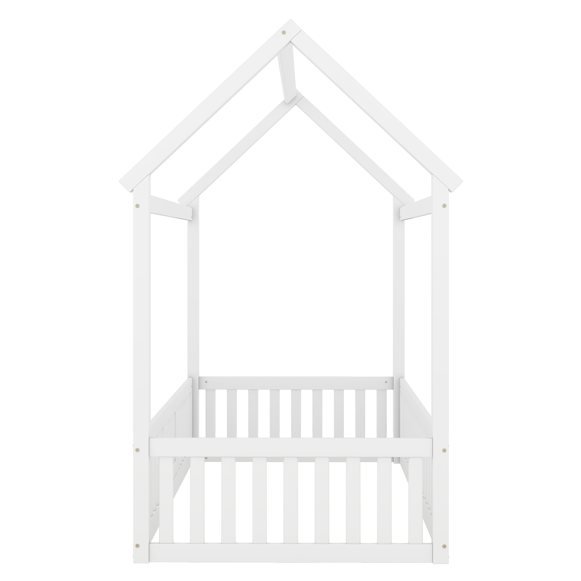 Twin/Full Size Wood House Bed with Fence and Door, Gray/White