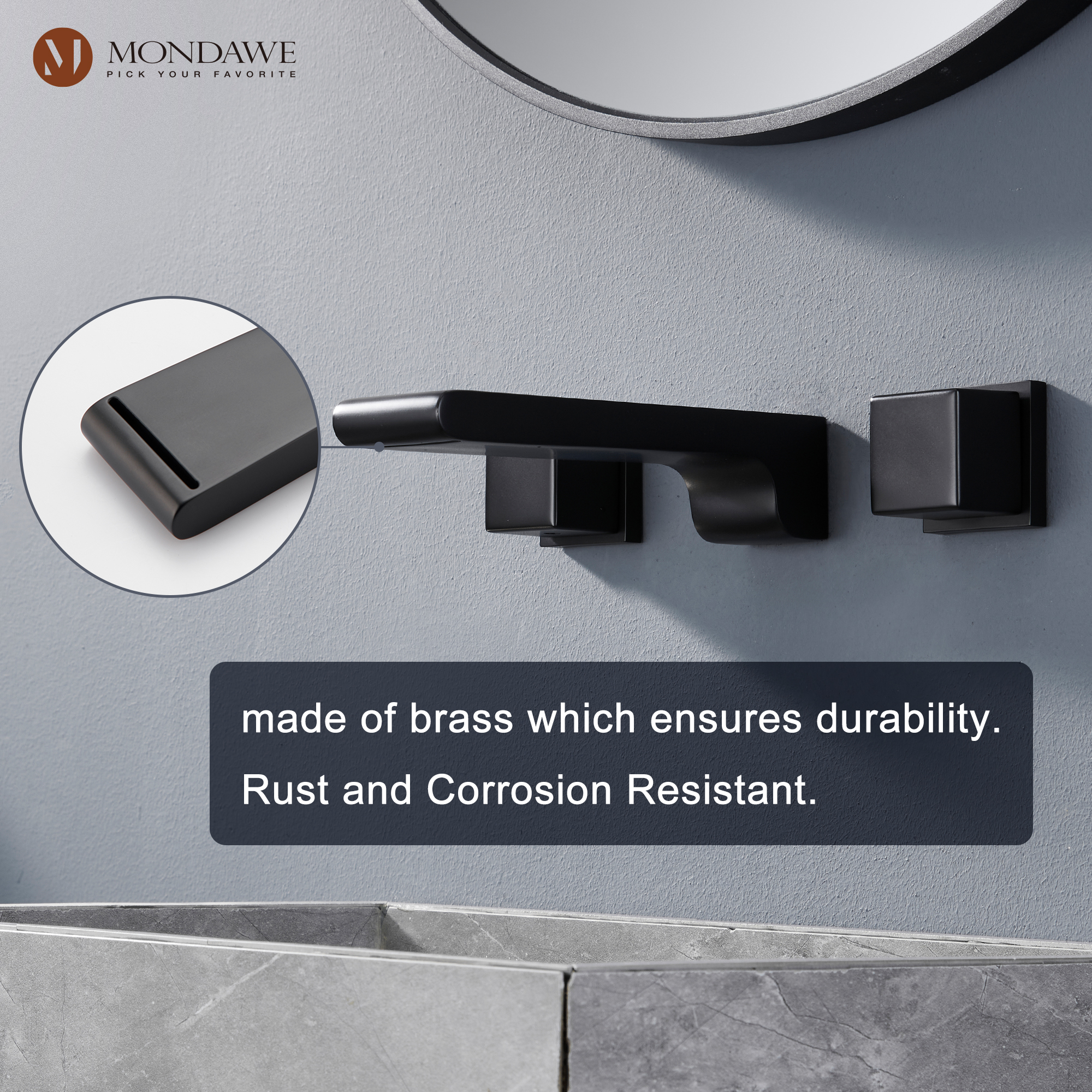 Mondawe Spot Free Widespread Wall Mount 3-Hole Sink  Water Tap with Double Handle-Mondawe