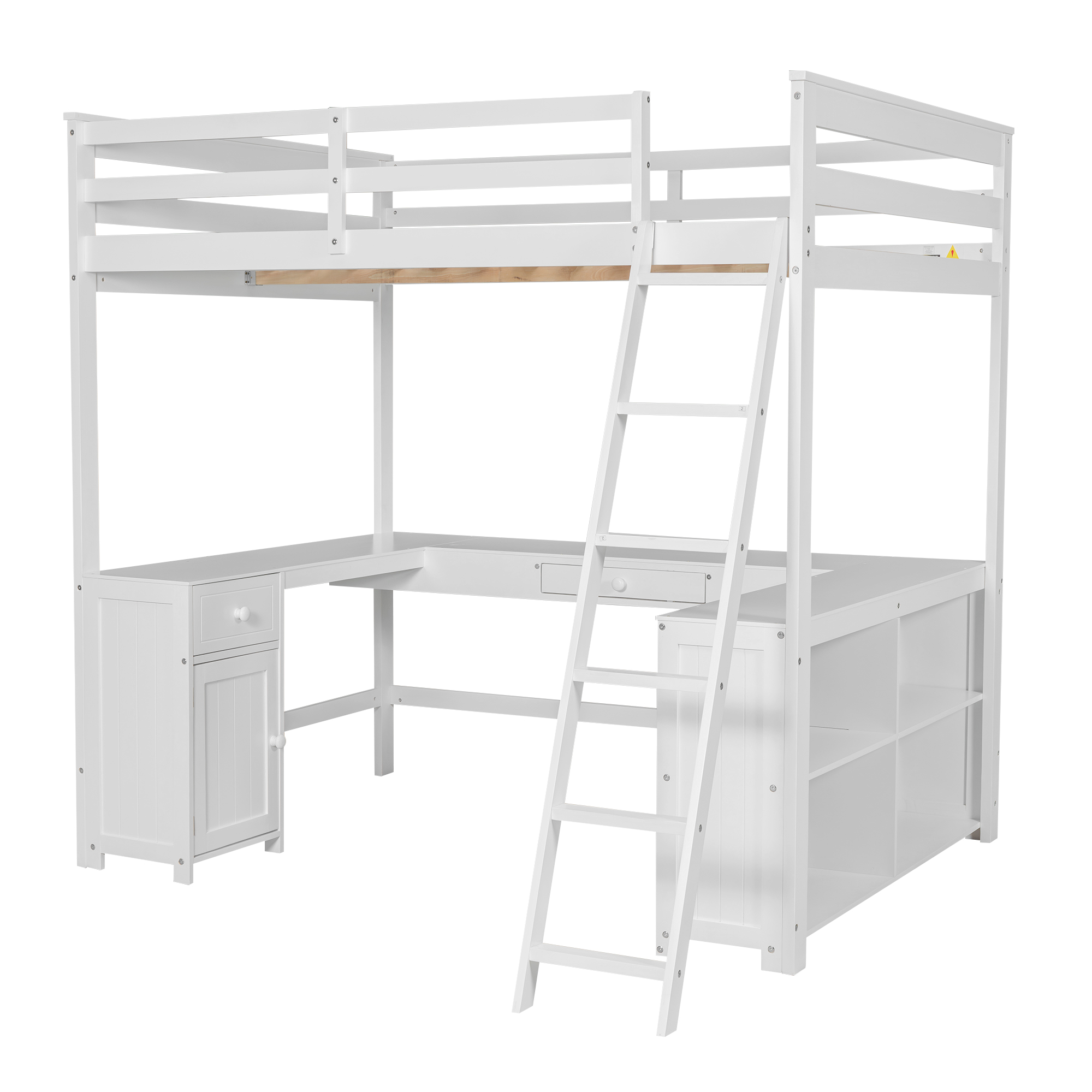 Full/Twin Size Loft Bed with U-shaped Desk, Drawers and Storage Shelves, White/Antique Brown 