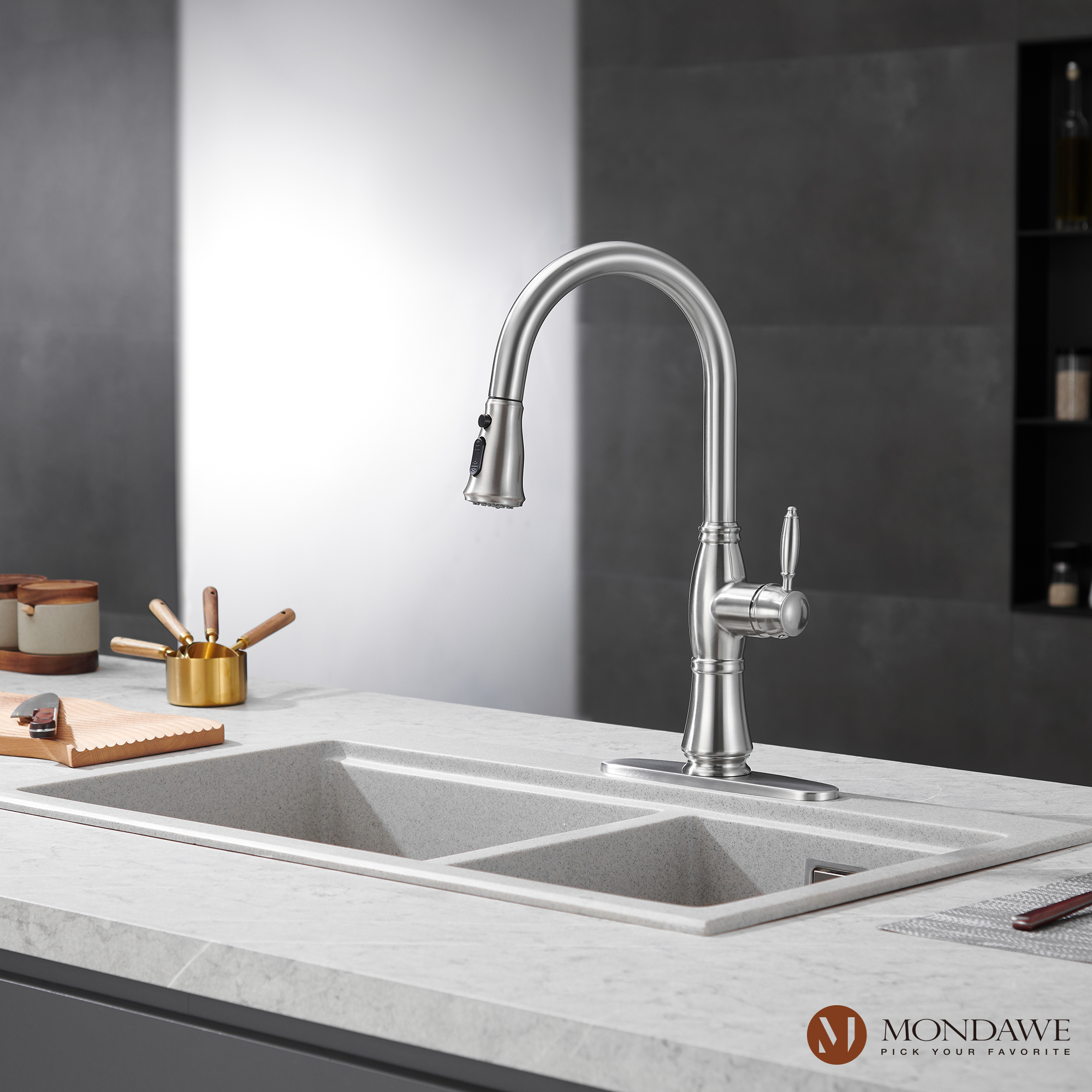 Mondawe Retro Tulip High Arc Pull Down Single Handle Deck Mount Kitchen Faucet-Mondawe