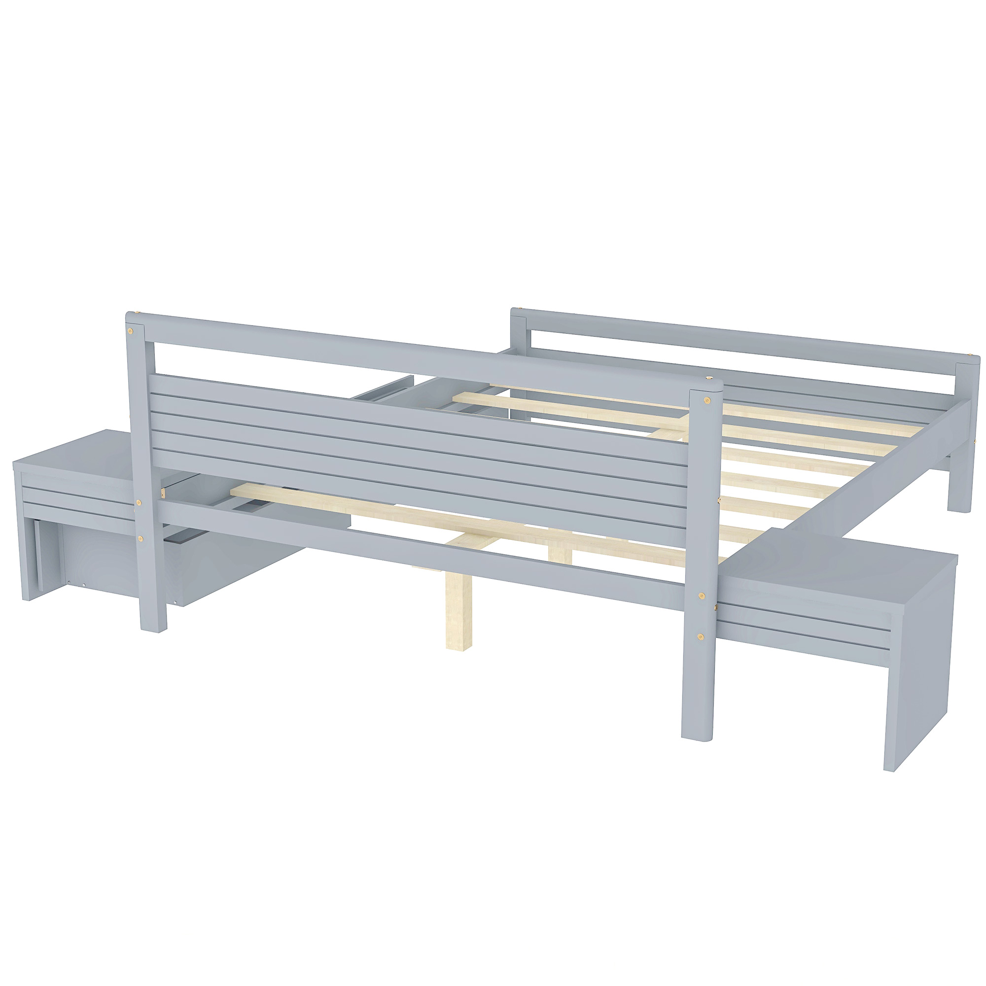 Queen Size Wooden Platform Bed with 2 Storage Drawers and 2 bedside tables, Gray/White 