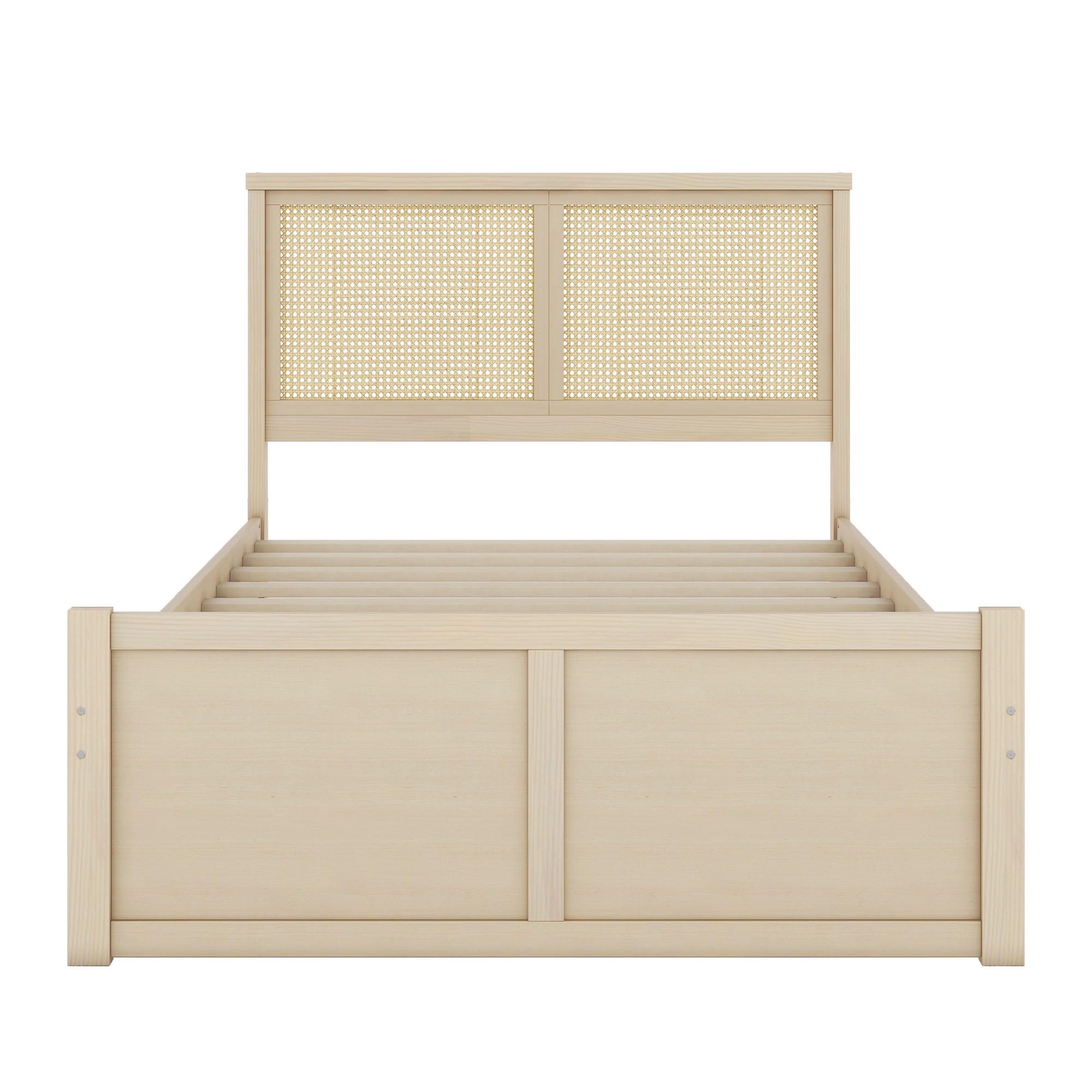 Queen/Full Size Wood Storage Platform Bed with 4 Drawers, Rattan Headboard, Espresso/Nature 