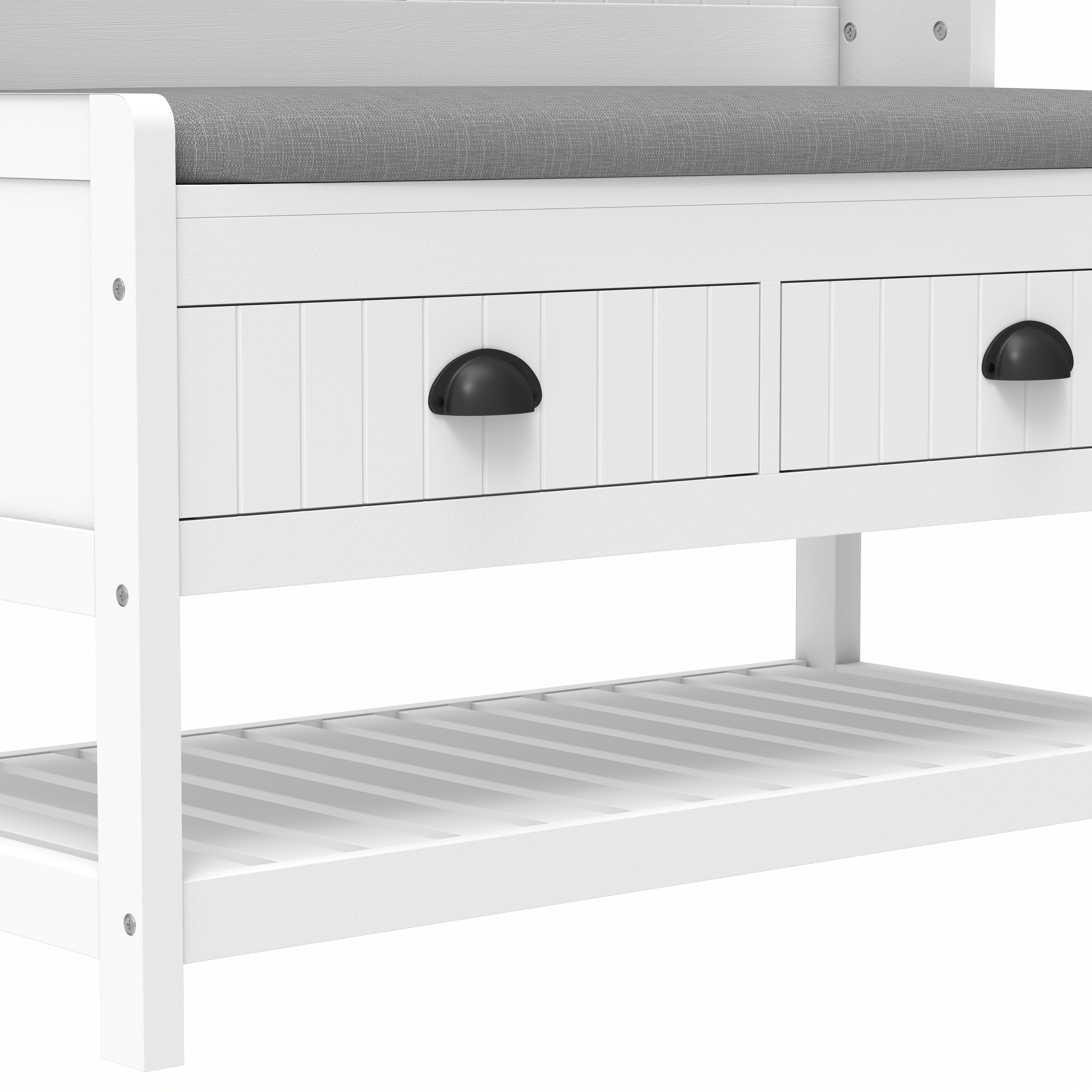 3-in-1 Hallway Hall Tree with 2 Storage Drawer and 4 Coat Rack, Wooden Entryway Shoe Rack Bench with Padded Seat Cushion, Mudroom Bench with Top Storage Shelf 