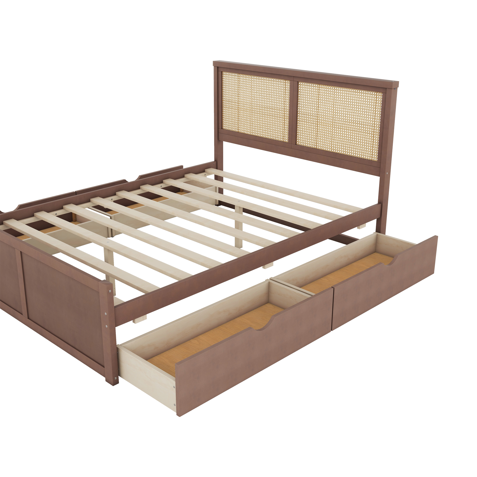 Queen/Full Size Wood Storage Platform Bed with 4 Drawers, Rattan Headboard, Espresso/Nature 