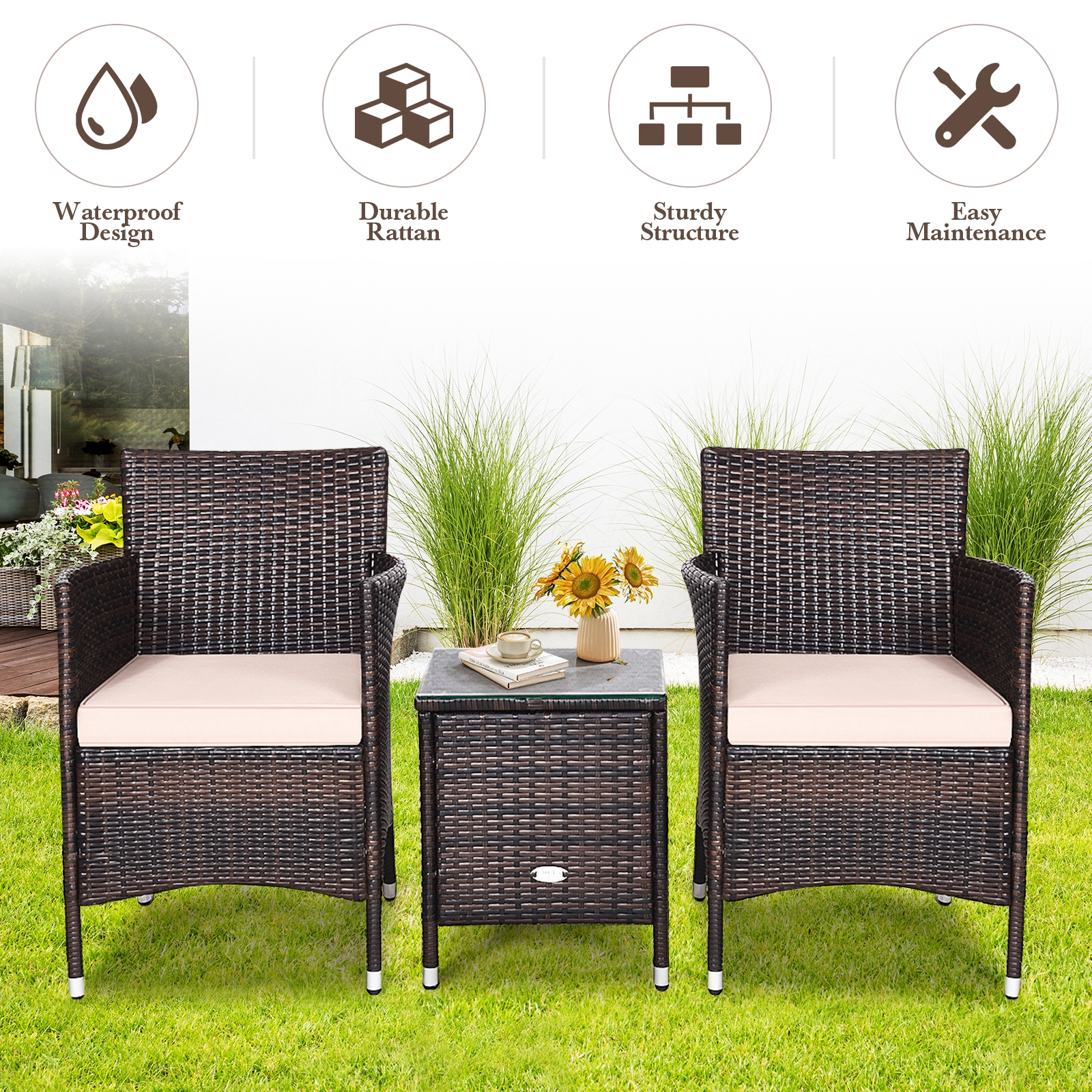 Mondawe 3 Pcs Outdoor Rattan Wicker Furniture Set-Mondawe