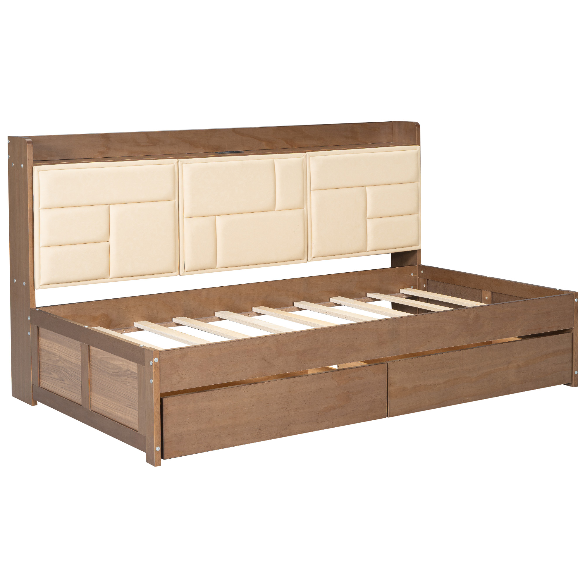Full/Twin Size Wood Daybed with Upholstered Storage Shelves, USB Ports and 2 Drawers, Wood Color 