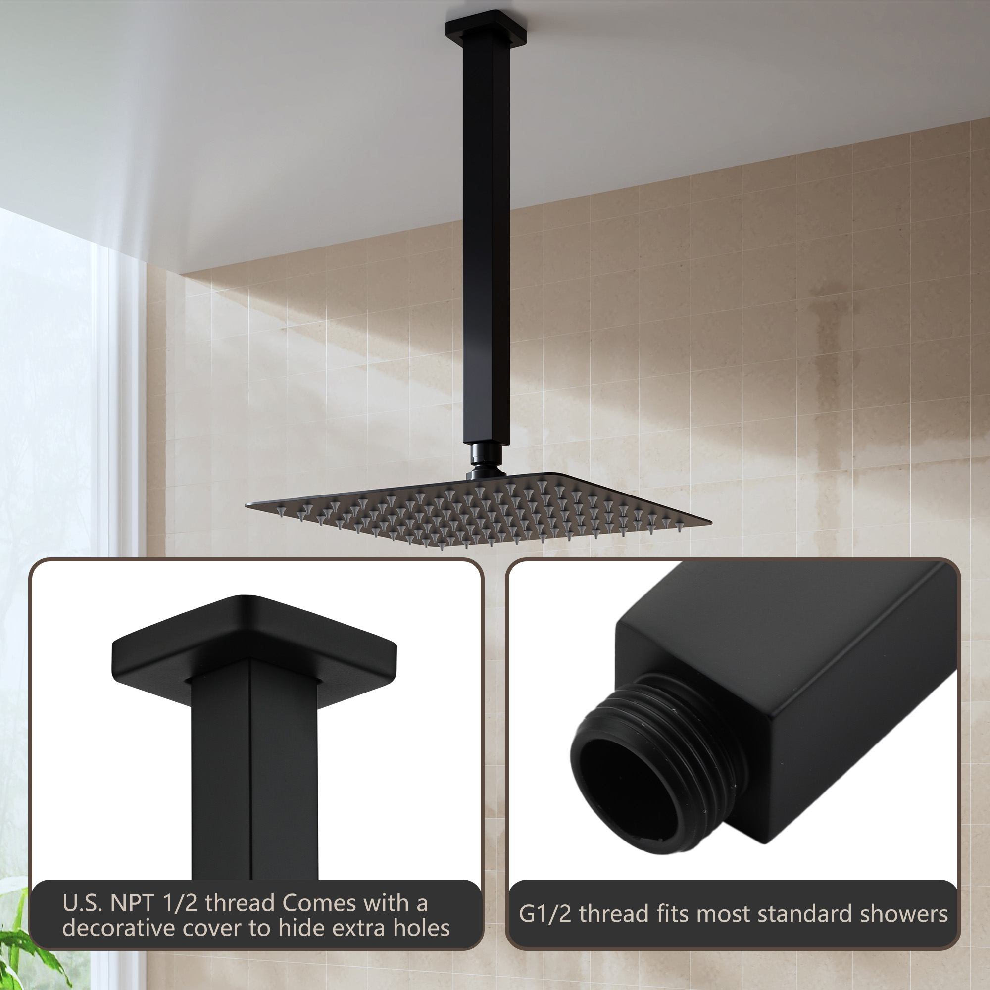 11.8" Stainless Steel Celling Mounted Round/Square Shower Arm with Flange for Rain Shower Head in Matte Black/Brushed Nickel