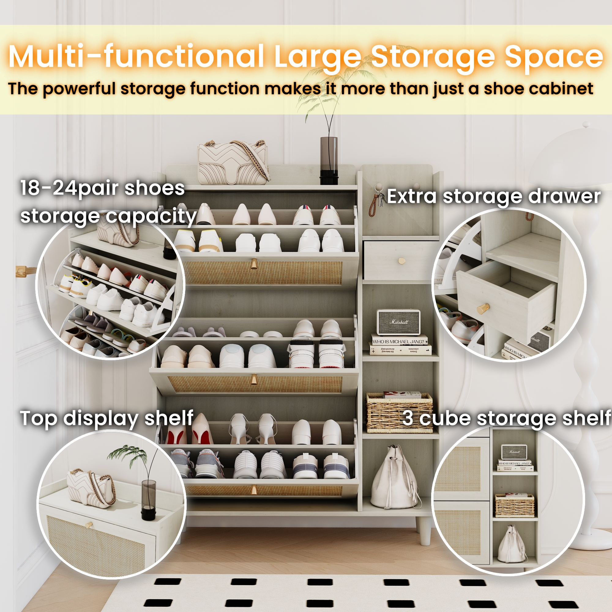 Bohemia Style Shoe Cabinet, Shoe Rack Cabinet with 3 Rattan Flip Drawers,3 Square Shelves and 1 Storage Drawer, Shoe Organizer with Mulit Storage Space and Hooks for Hallway, Entryway, (Natural/Antique white) 