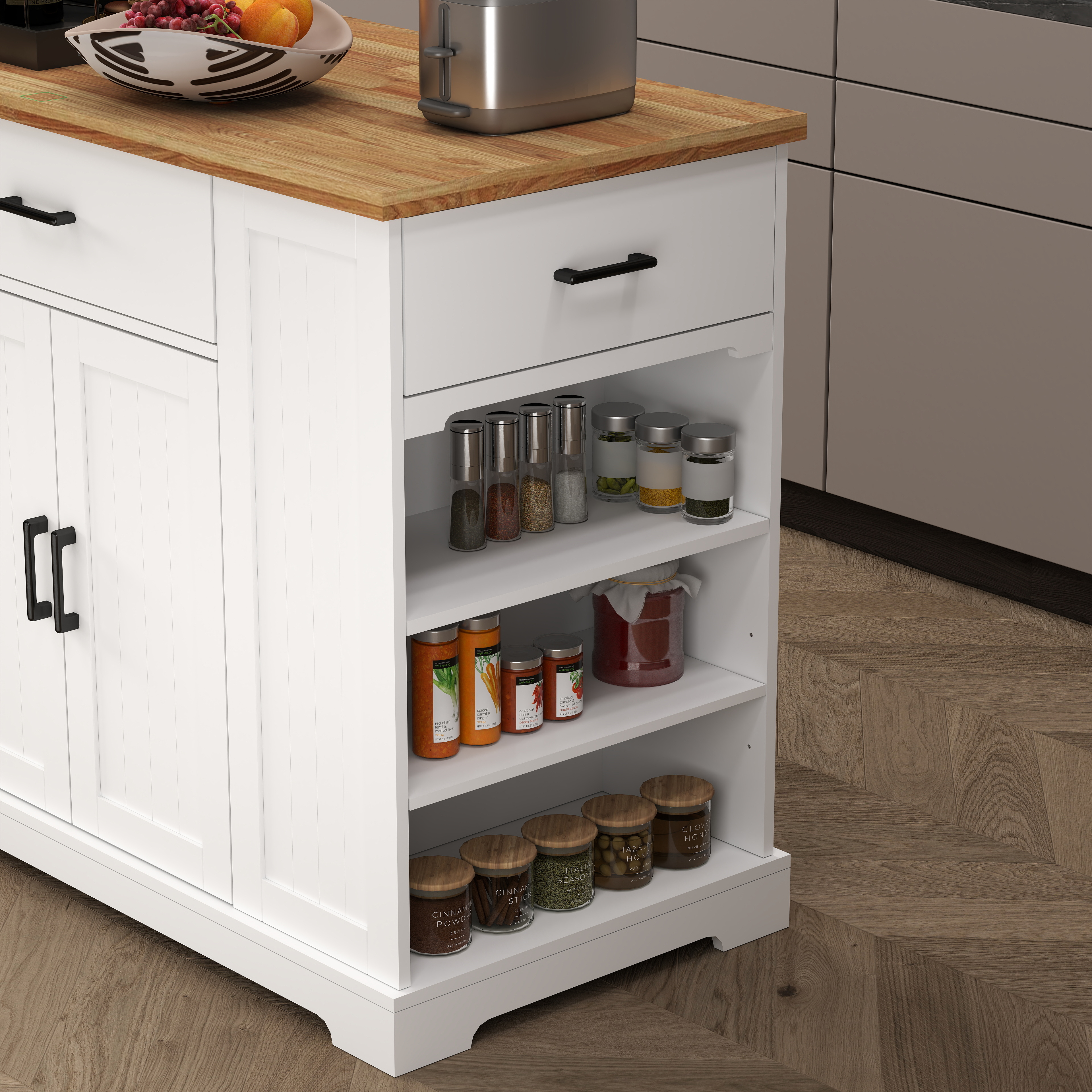 46.2'' Multi-Storage Kitchen Island with Rubber Wood Tabletop, Large Farmhouse Kitchen Cart with Adjustable Shelves and Drawers, Dinning Table Bar with Storage Cabinet for Kitchen 