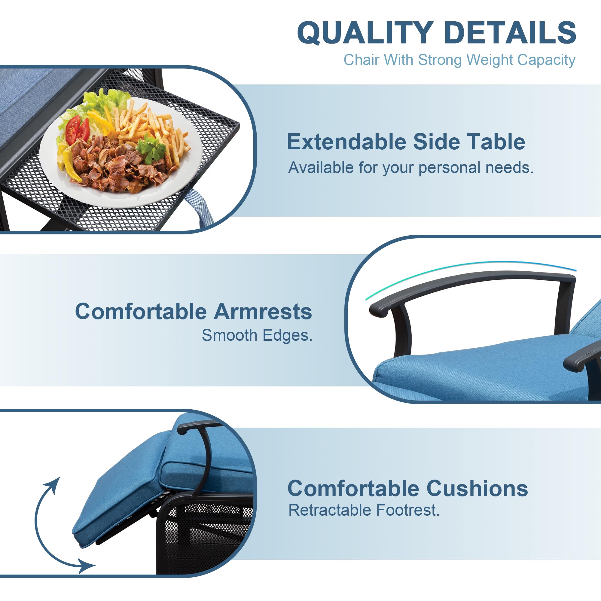 Adjustable Patio Recliner Chair Metal Outdoor Lounge Chair with Flip Table Push Back, Adjustable Angle, 6.8'' Removable Cushions, Support 350lbs, Beige/Gray/Navy Blue