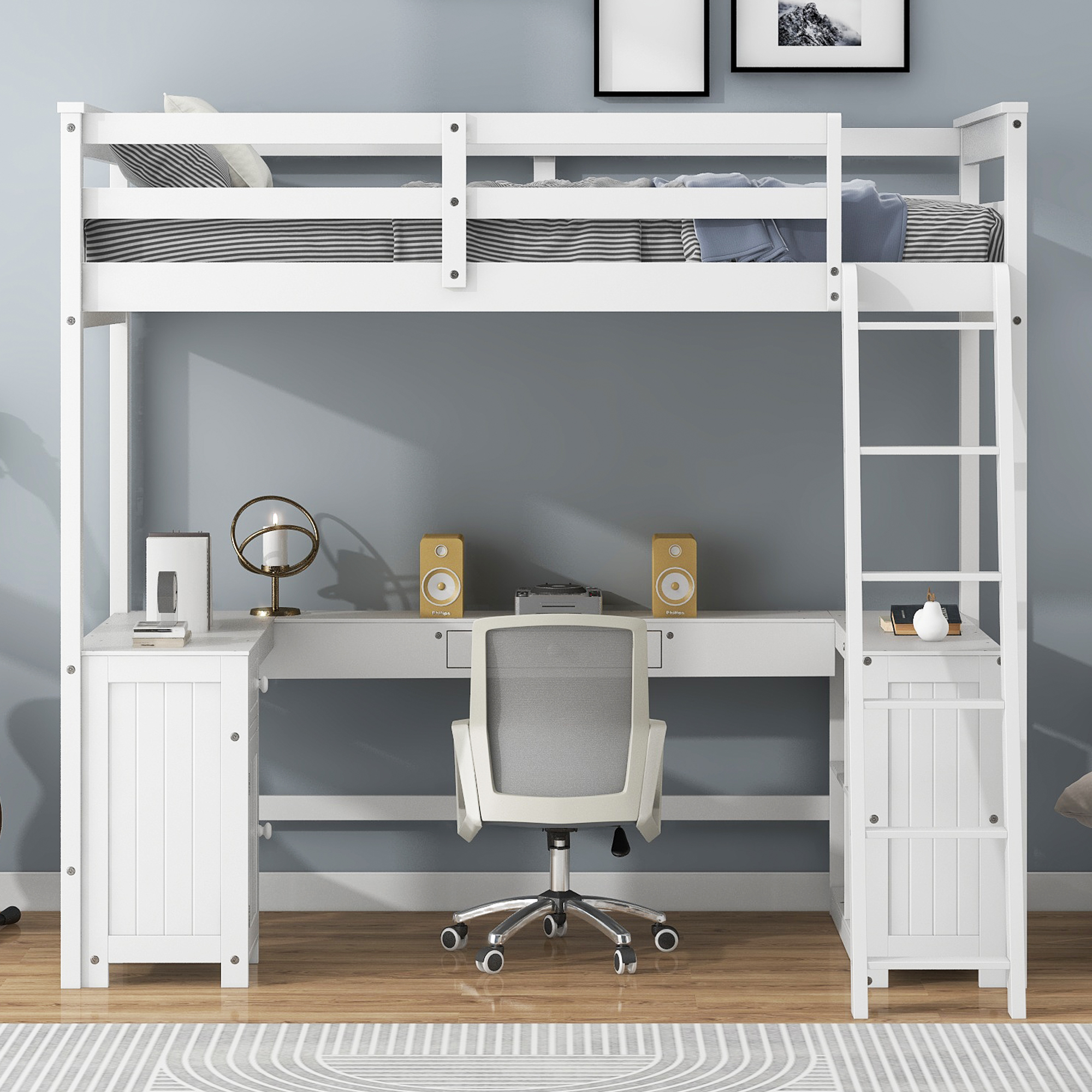 Full/Twin Size Loft Bed with U-shaped Desk, Drawers and Storage Shelves, White/Antique Brown 