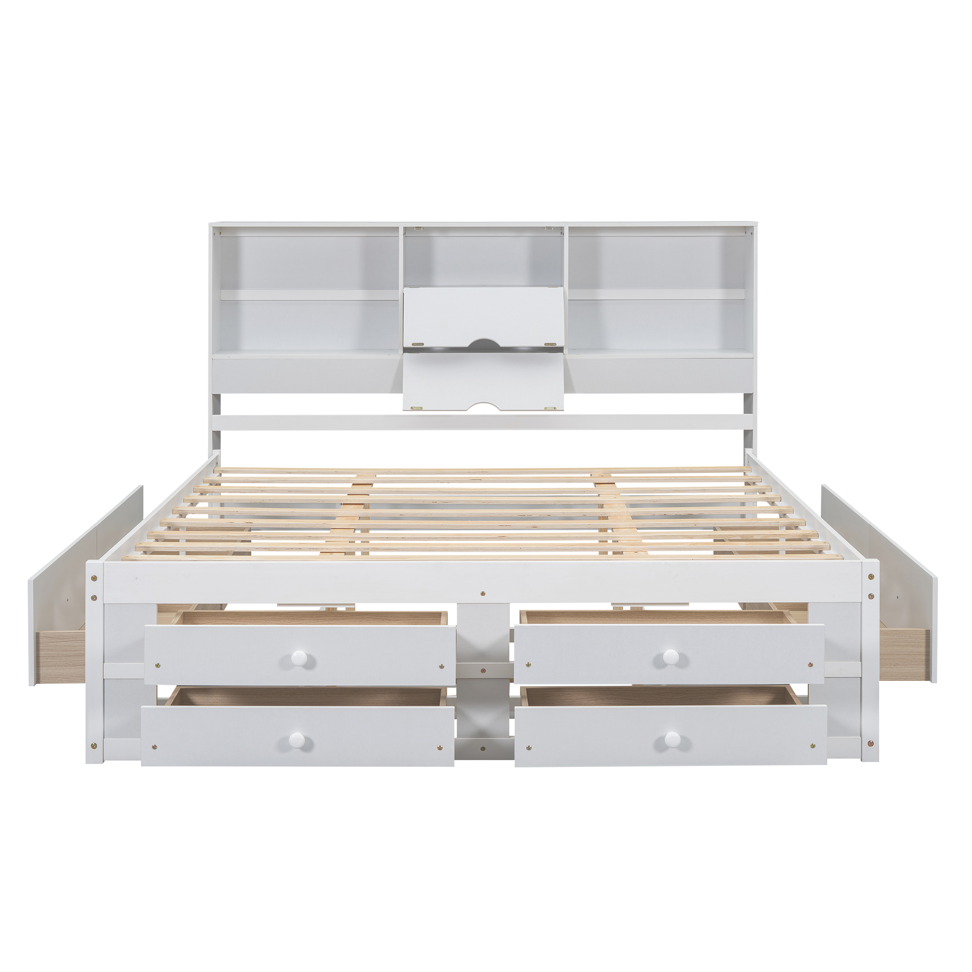 Queen/King Size Platform Bed with Storage Headboard and 8 Drawers, White/Gray