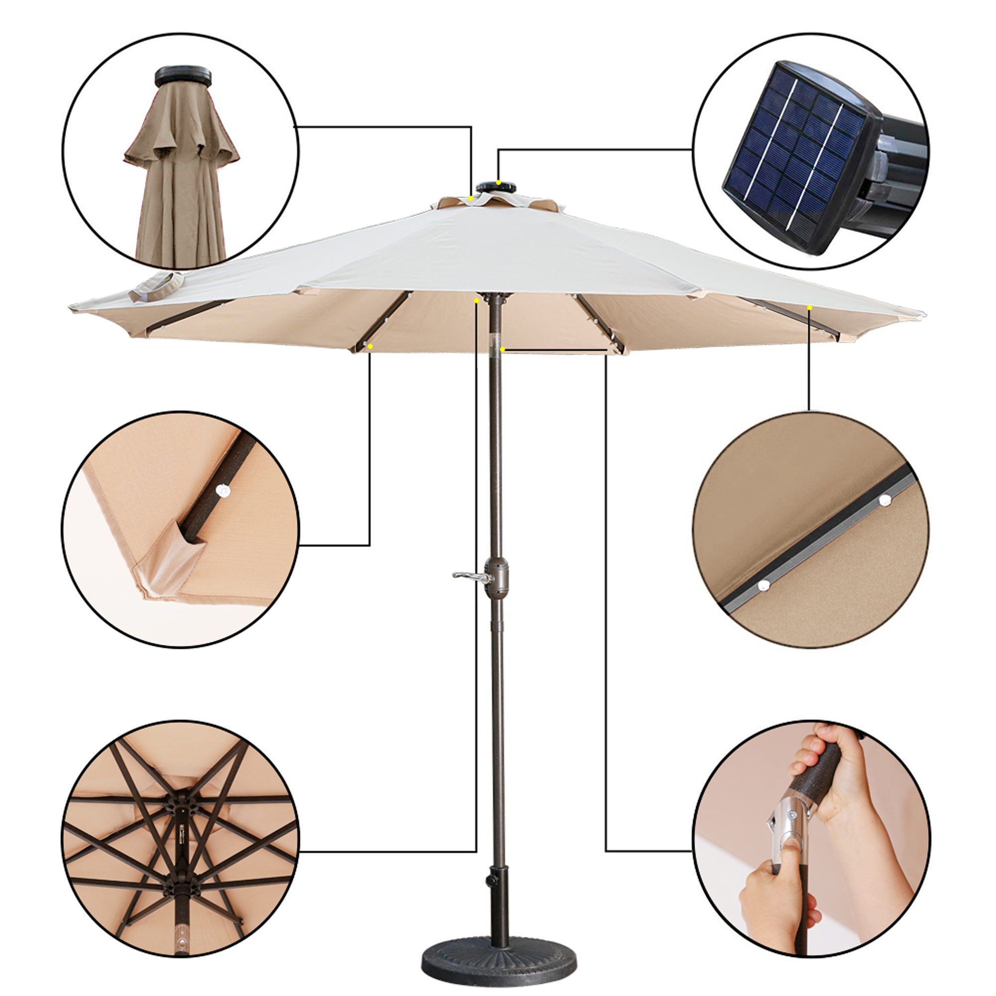 Mondawe 9 Ft 32 LED Round Solar Patio Market Umbrella-Mondawe