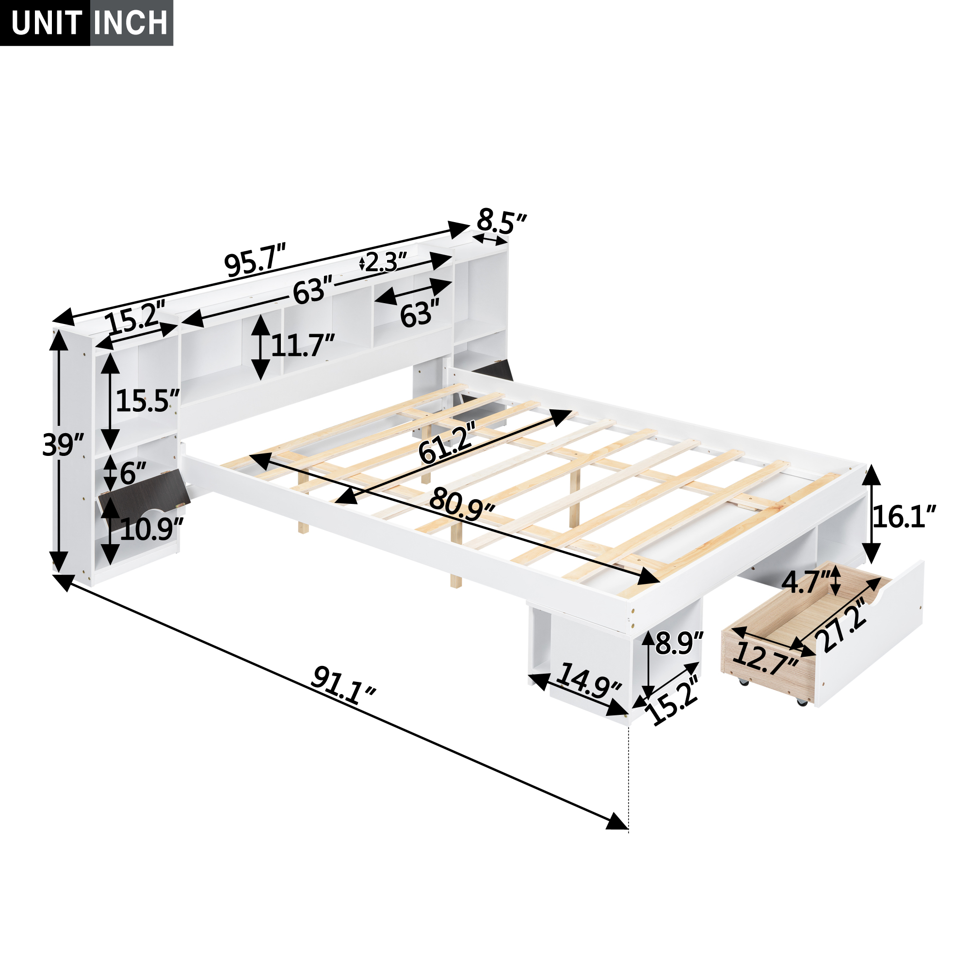 Queen Size Wood Platform Bed with Multi-storage Headboard and a Drawer, White/Gray