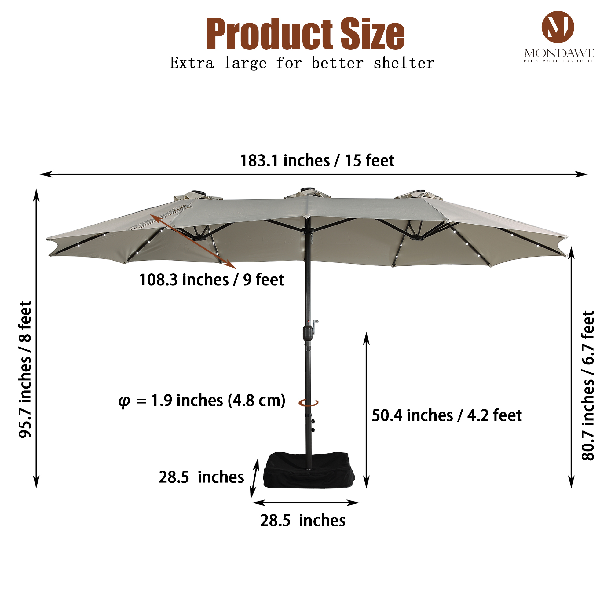 Mondawe 15ft Rectangular Patio Umbrella with Base and LED Lights-Mondawe