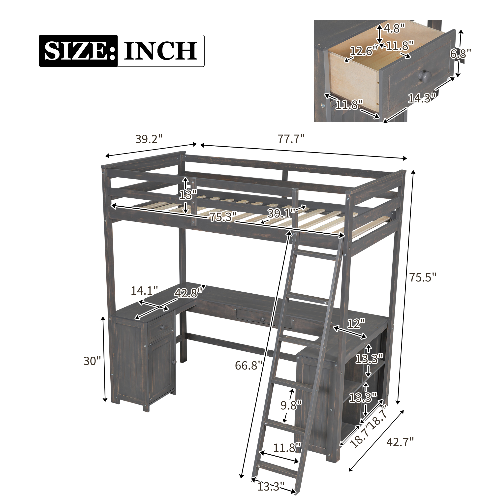 Full/Twin Size Loft Bed with U-shaped Desk, Drawers and Storage Shelves, White/Antique Brown 