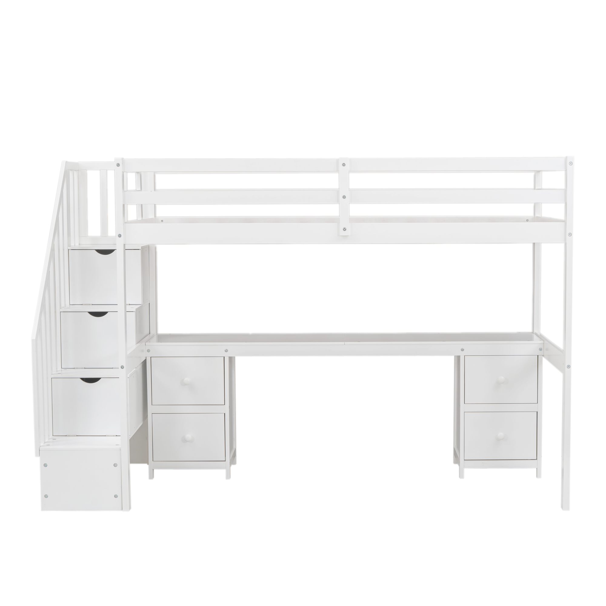 Twin Size Loft Bed Frame with Built-in Desk and Double Storage Drawers,White/Gray