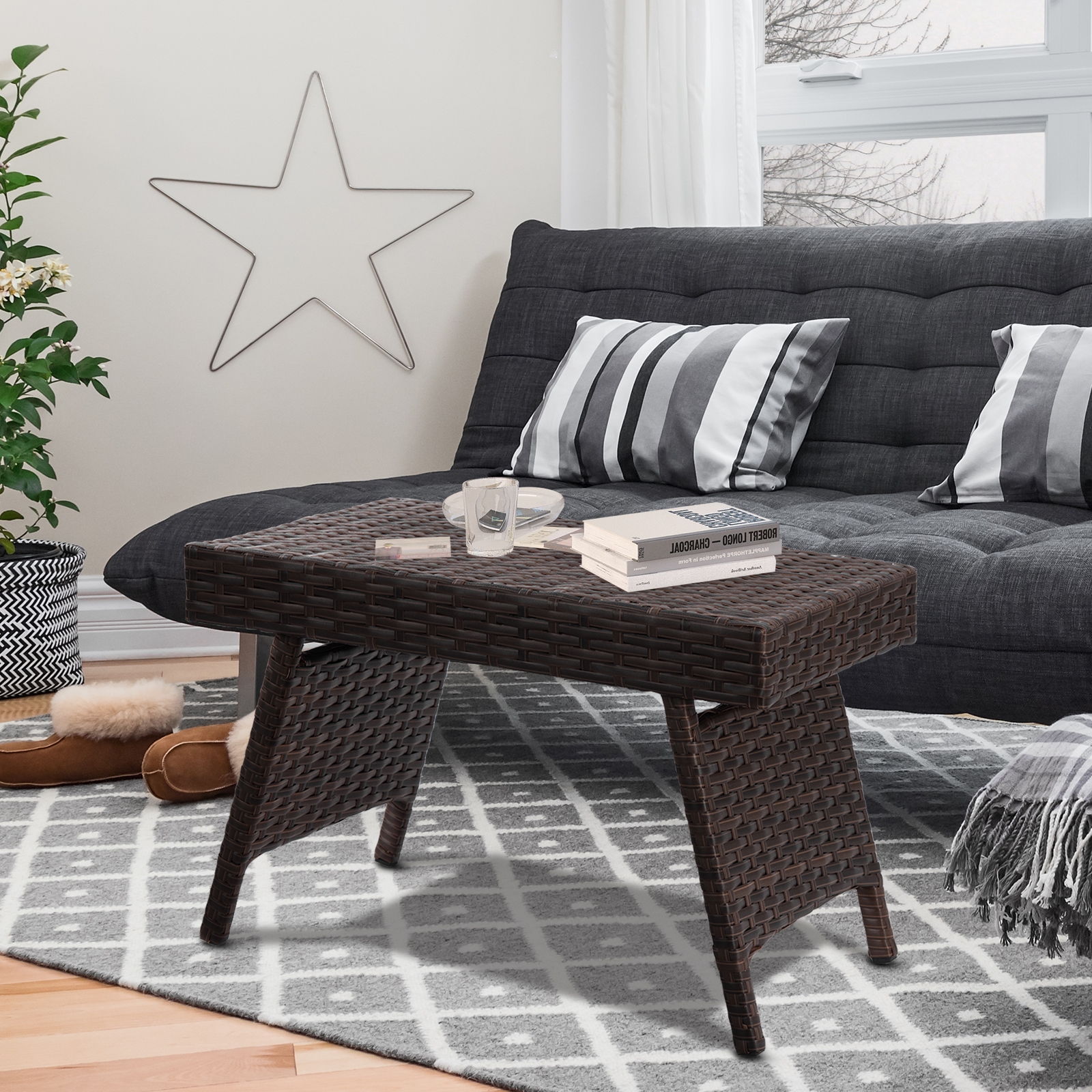 Mondawe Folding PE Rattan Side Coffee Table Patio Garden Furniture-Mondawe