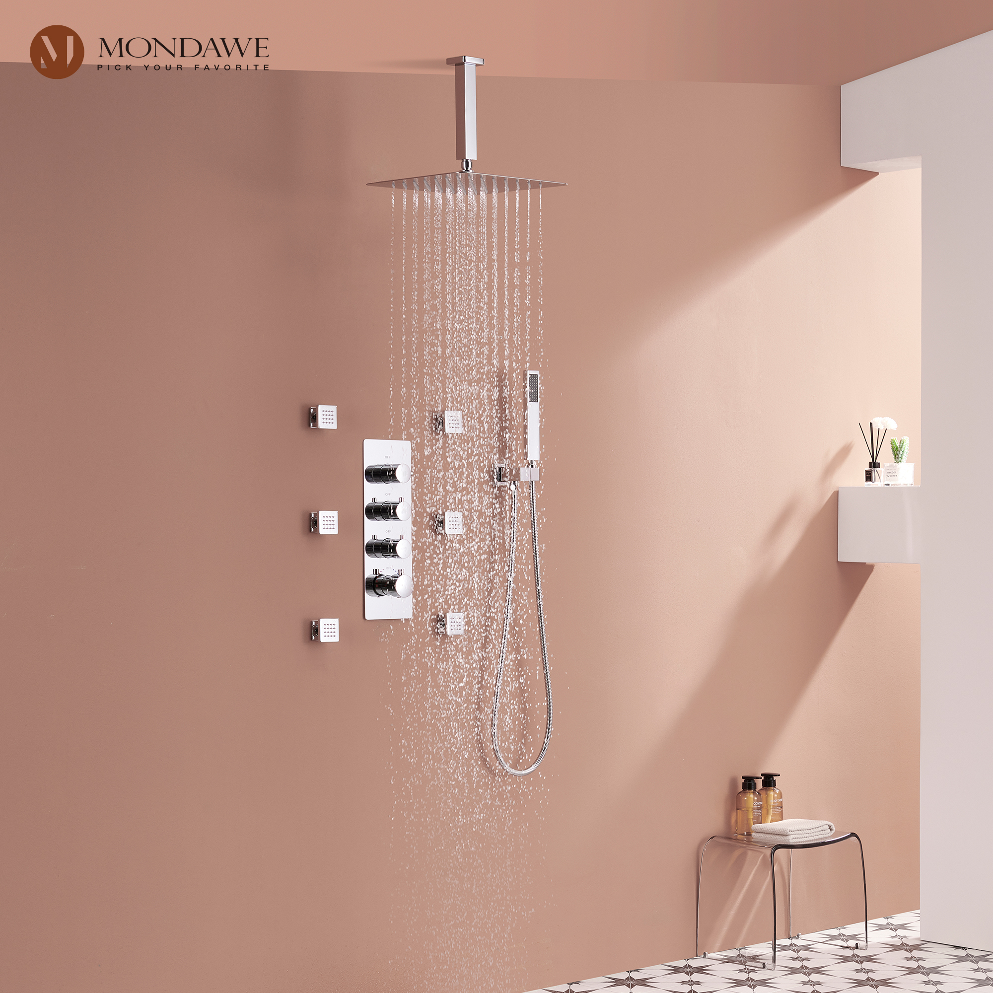 Mondawe Ceiling Mount Thermostatic Rainfall Shower System Set with Hand Held Shower Head and 6 Body Jets-Mondawe