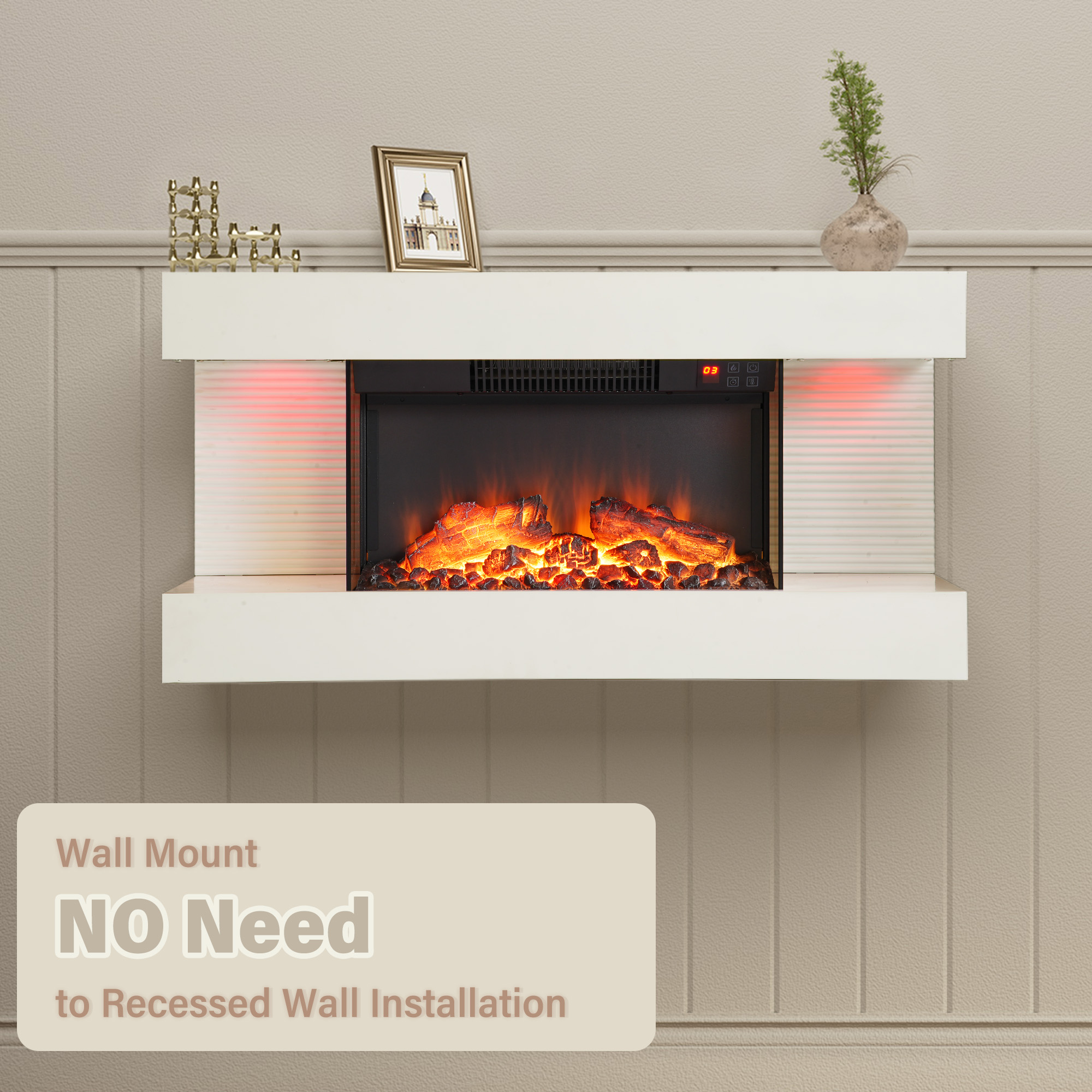 32-inch Wall Mounted Hanging Electric Fireplace with Remote Control in Black