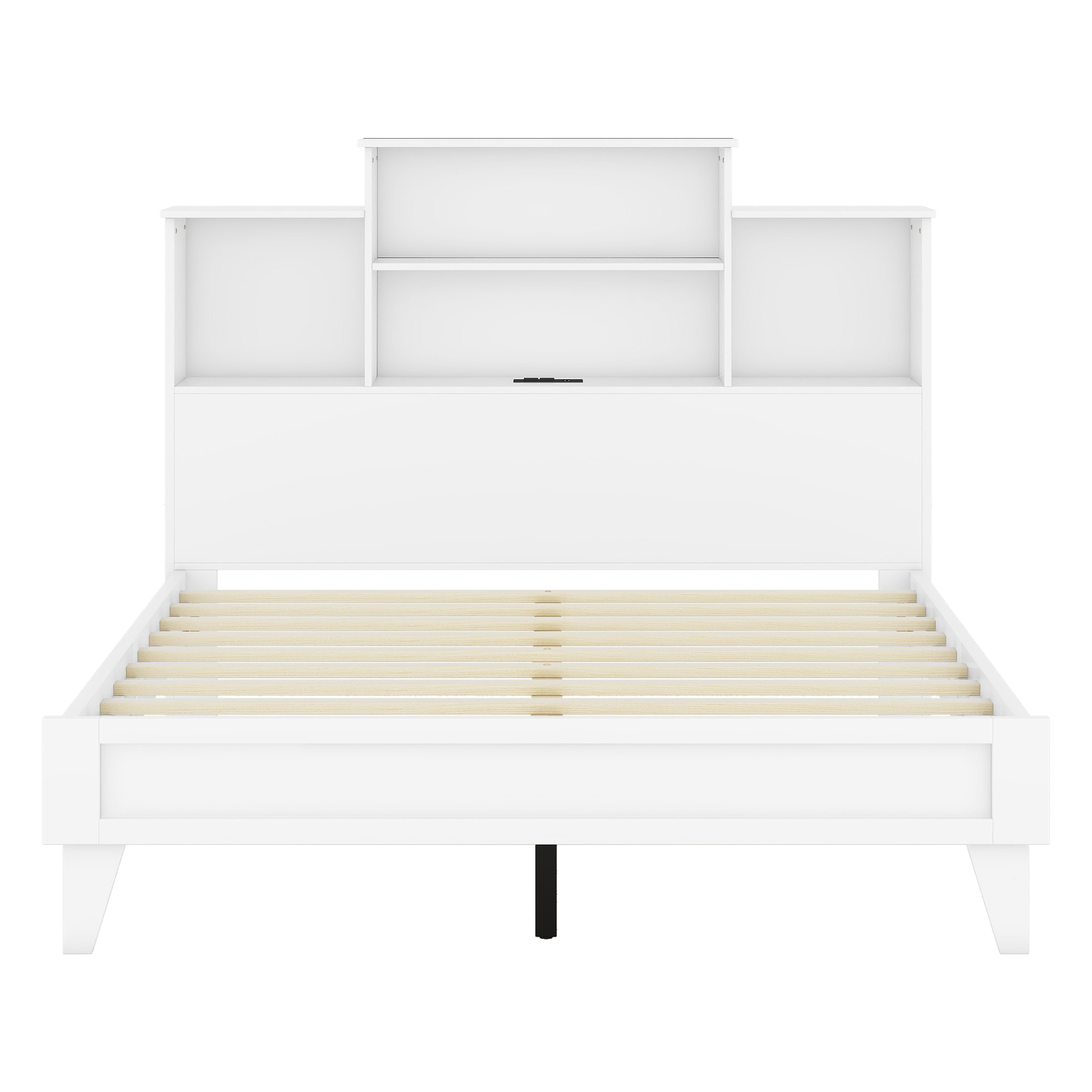 Queen Size Storage Platform Bed Frame with 4 Open Storage Shelves and USB Charging Design,White 